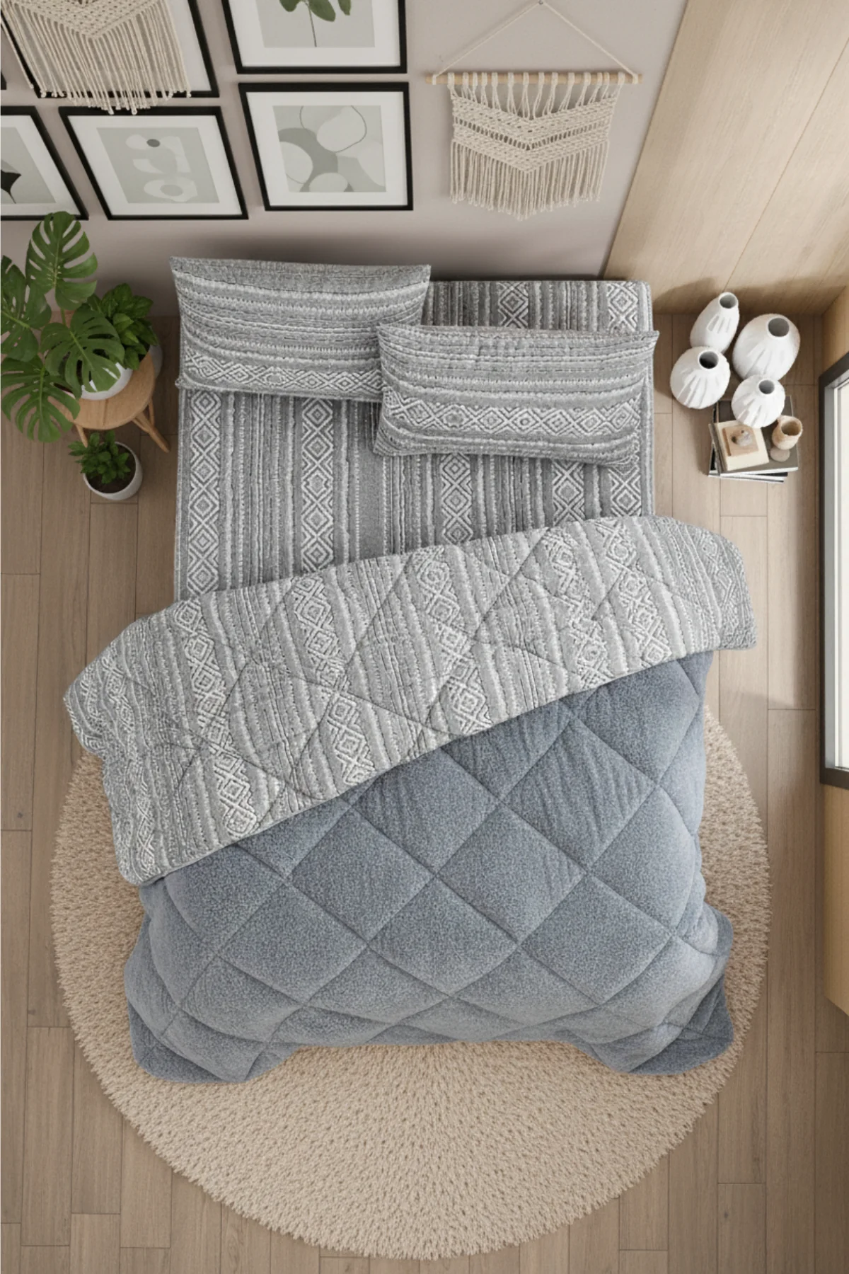 Veluna Battal Boy Lüx Wellsoft Yorgan Çift Taraflı - 2 Adet Yastık Kılıflı Yorgan Seti 215x235 cm - Gri