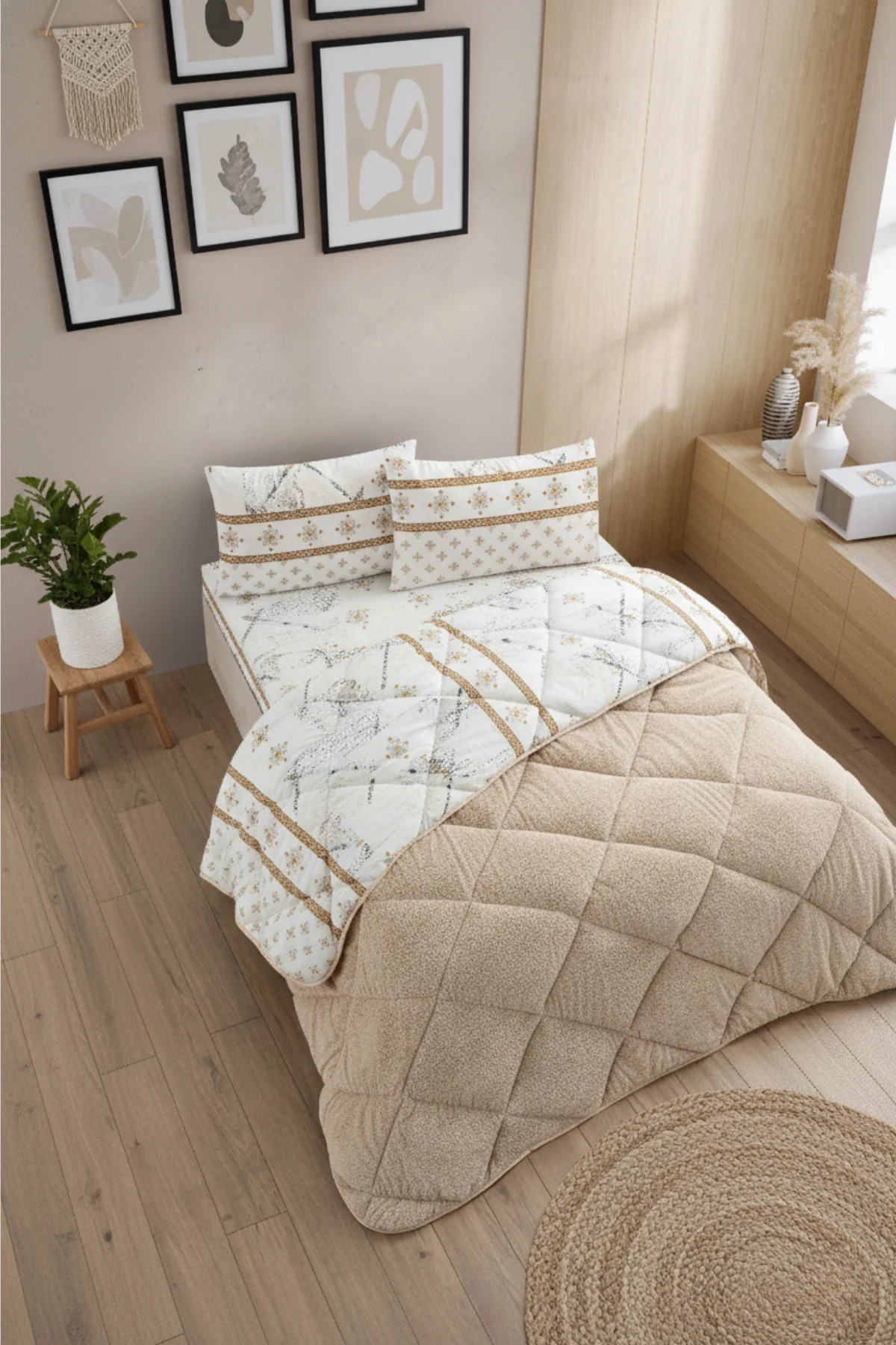 Veluna Battal Boy Lüx Wellsoft Yorgan Çift Taraflı - 2 Adet Yastık Kılıflı Yorgan Seti 215x235 cm - Bej