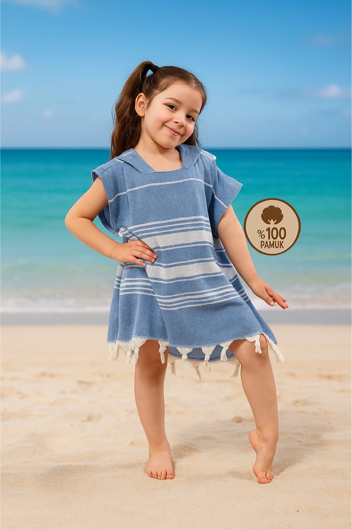 Çocuk Bornoz Panço %100 Pamuk Plaj Havlusu Peştamal Mavi