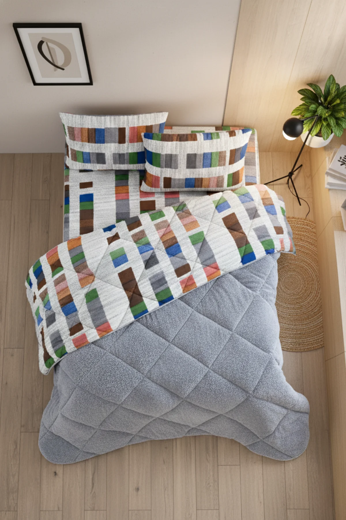 Veluna Battal Boy Lüx Wellsoft Yorgan Çift Taraflı - 2 Adet Yastık Kılıflı Yorgan Seti 215x235 cm - Gri-Çok Renkli