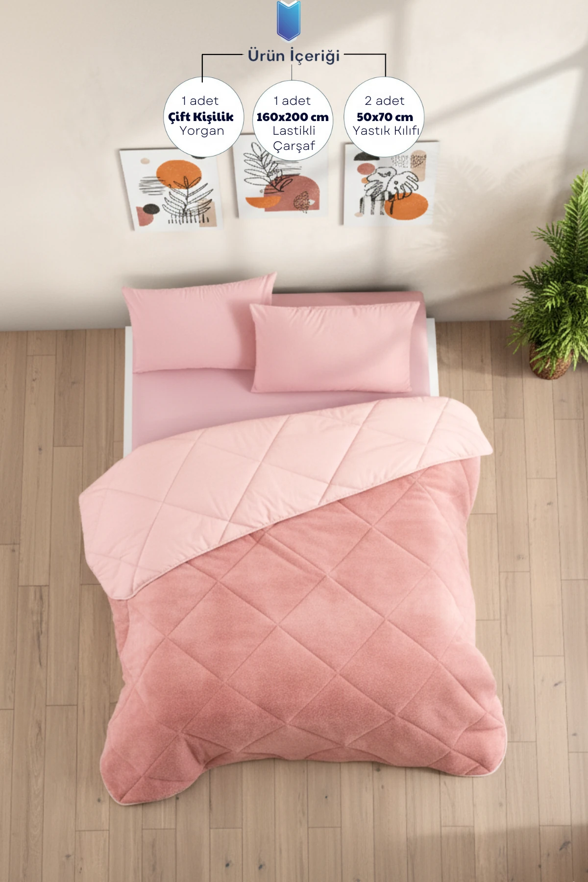 Çift Kişilik Wellsoft Yorgan Uyku Seti - Lastikli Çarşaflı 2 Yastık Kılıflı Çift Kişilik Uyku Seti - Pudra