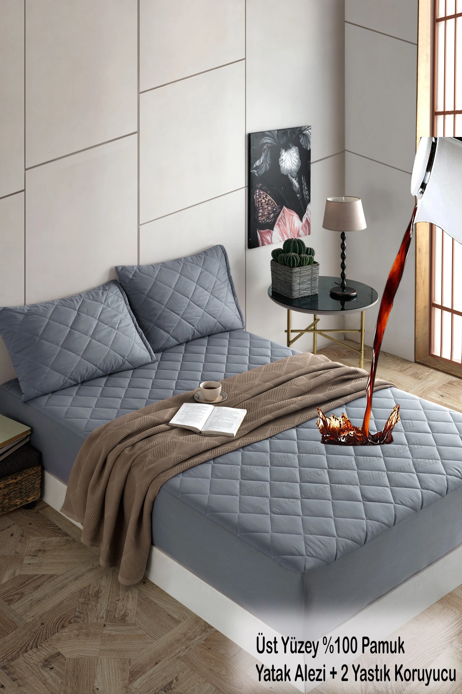 Renkli Sıvı Geçirmez Kapitone %100 Pamuk Lastikli Çarşaf Takımı (2 Adet Yastık Koruyucu Dahil)