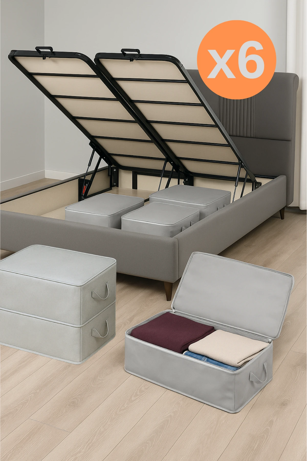 6 Adet Büyük Boy Yatak Baza Altı Çok Amaçlı Hurç 64 x 45 x 22 Cm