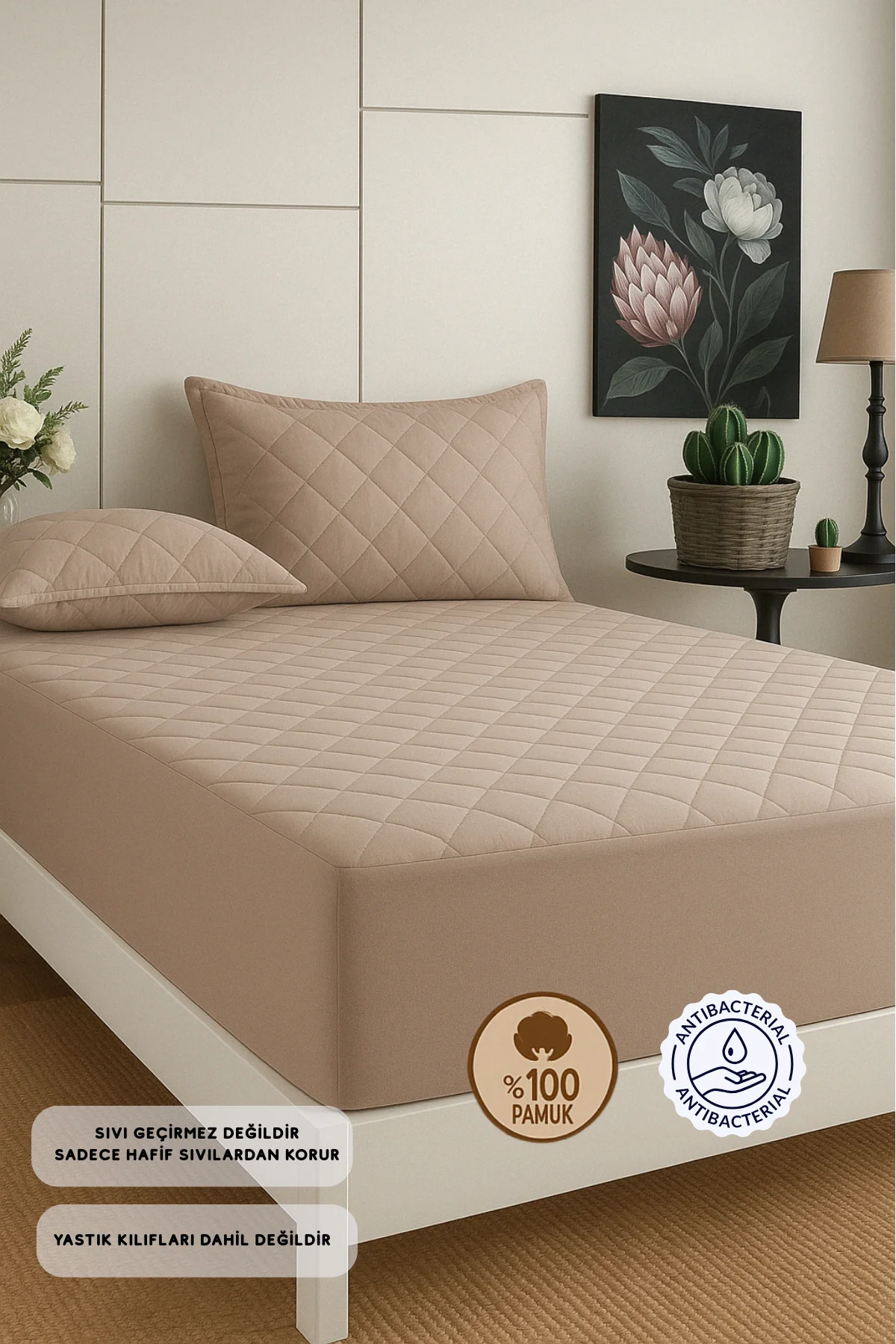 %100 Pamuk Kapitone Fitted Yatak Koruyucu Alez Çarşaf (15 Ebat) - Kahverengi