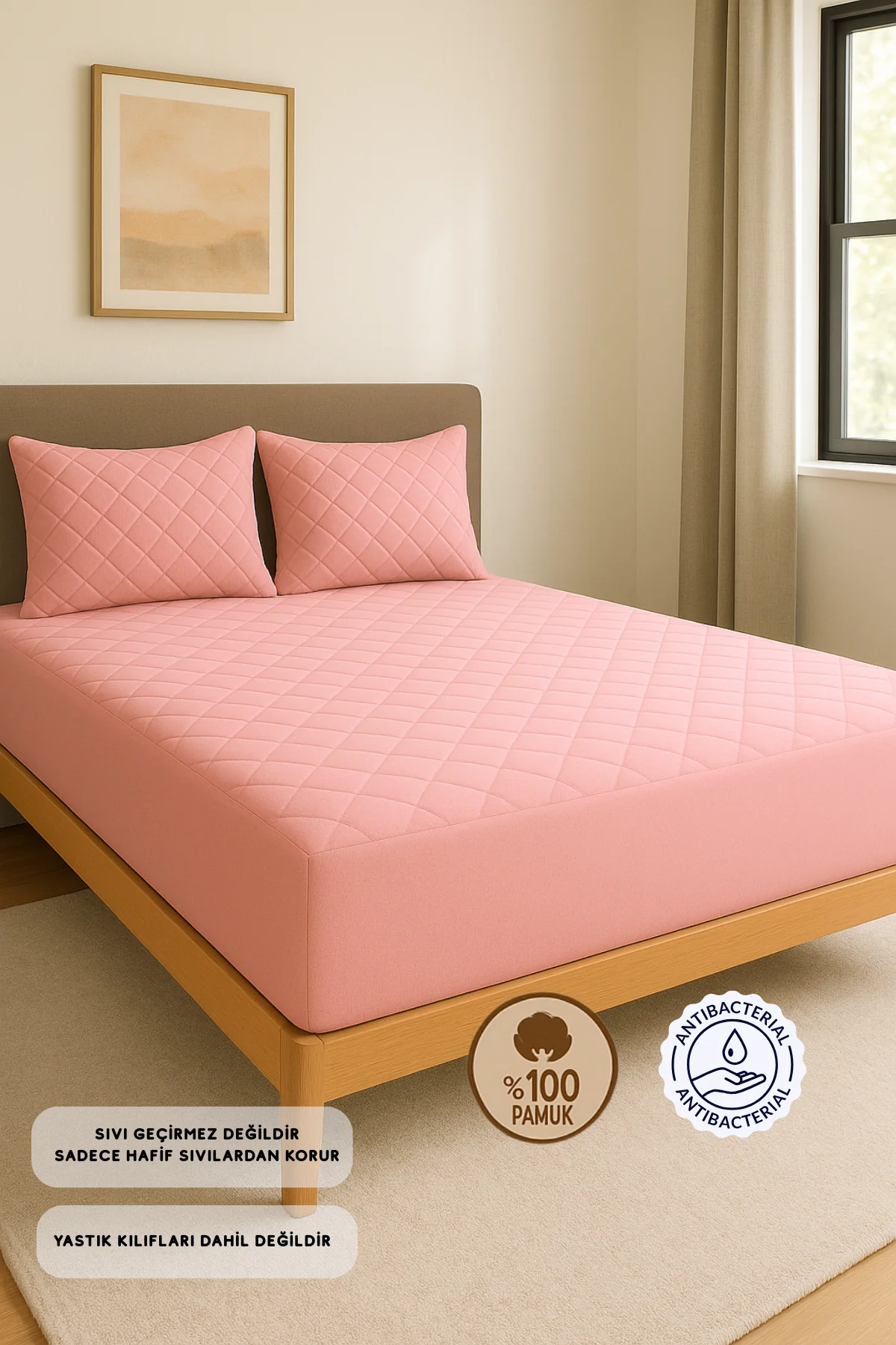 %100 Pamuk Kapitone Fitted Yatak Koruyucu Alez Çarşaf (15 Ebat) - Pudra