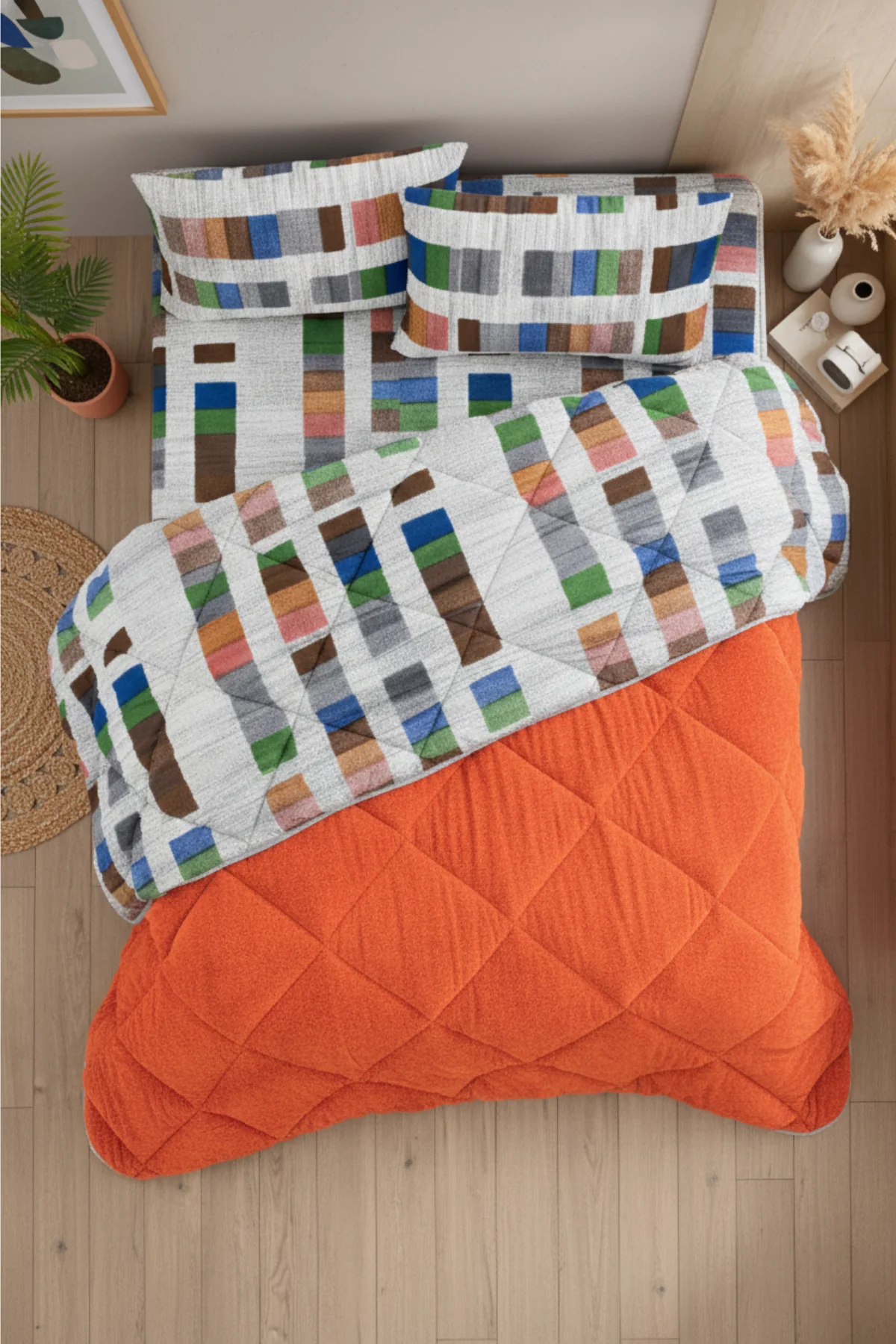 Veluna Battal Boy Lüx Wellsoft Yorgan Çift Taraflı - 2 Adet Yastık Kılıflı Yorgan Seti 215x235 cm - Turuncu