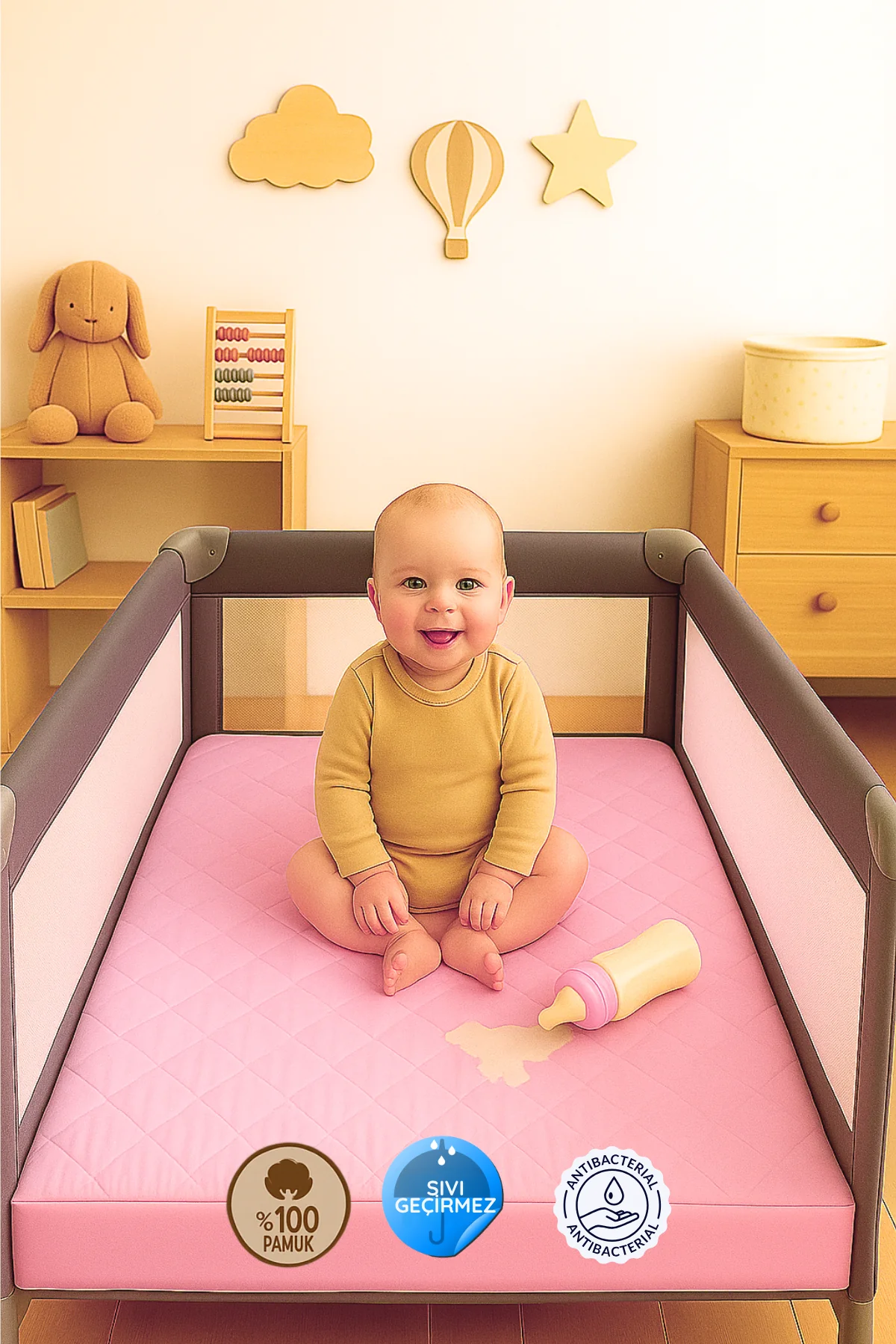 %100 Pamuk Kapitone Fitted Sıvı Geçirmez Bebek-Çocuk Alezi, Park Yatak Beşik Yatak Alezi - Pudra