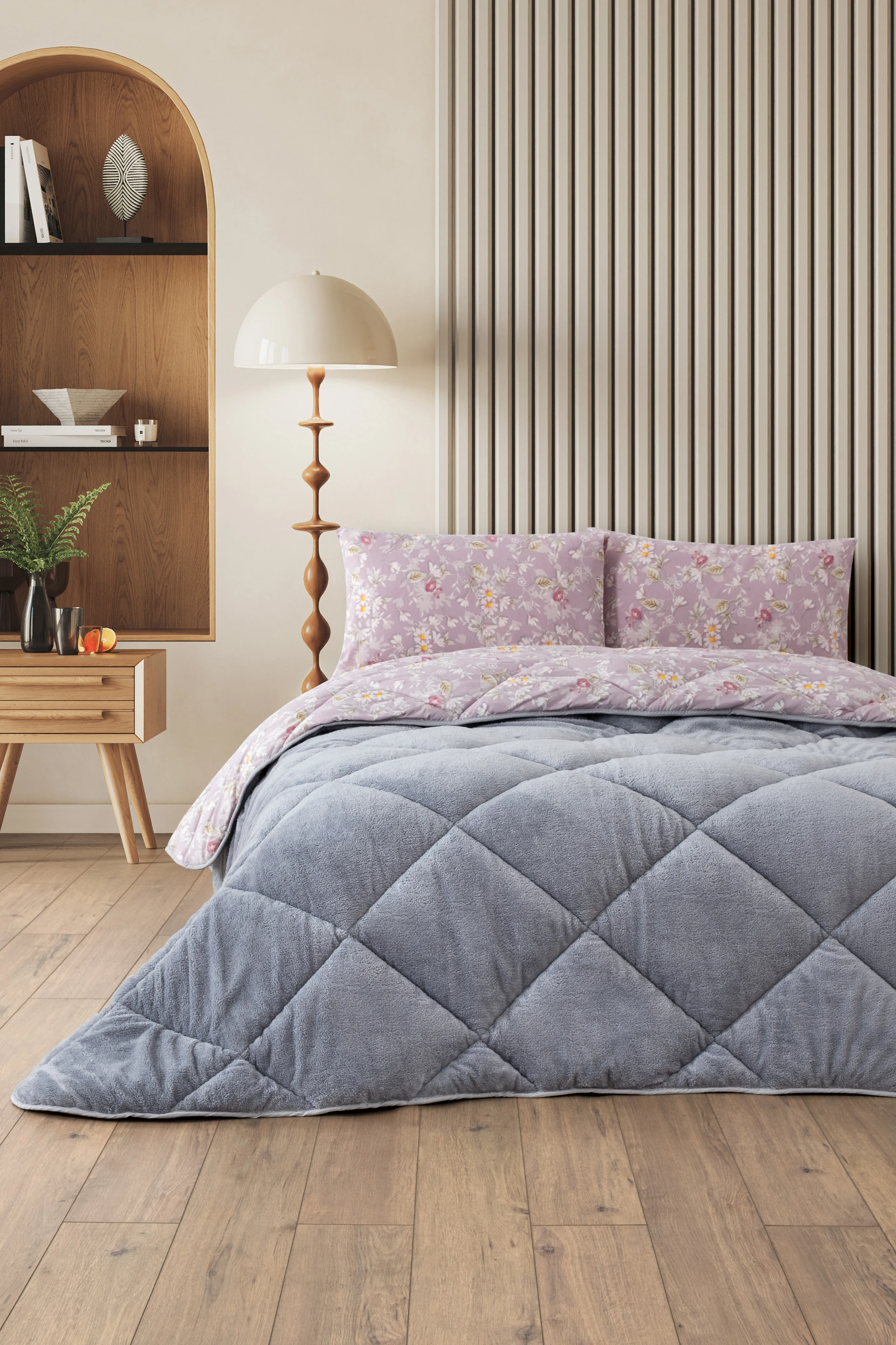 Nordelle Battal Boy Lüx Wellsoft Yorgan Çift Taraflı - 2 Adet Yastık Kılıflı Yorgan Seti 215x235 cm - Gri-Pudra