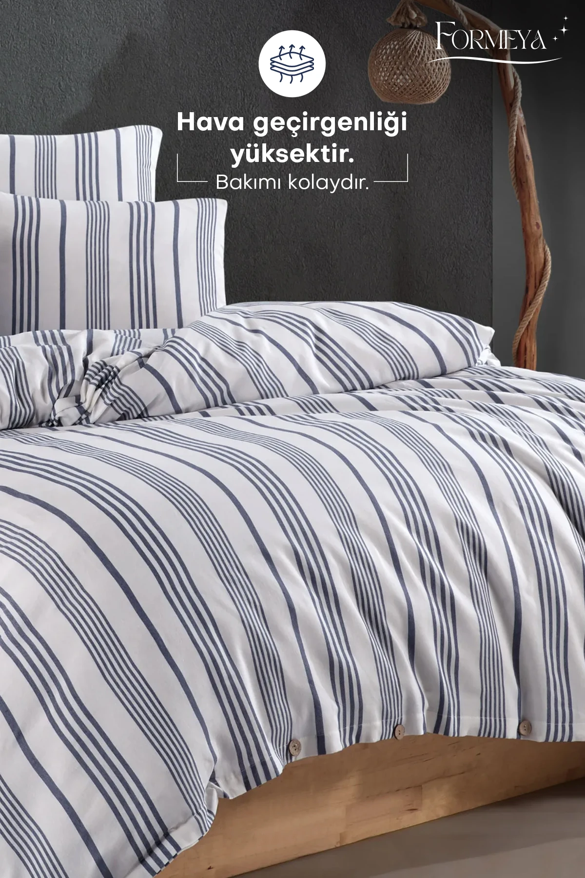 Düğmeli Lastikli Çarşaflı Pamuklu İpliği Boyalı Çift Kişilik Nevresim Takımı (2 Adet Yastık Kılıflı)