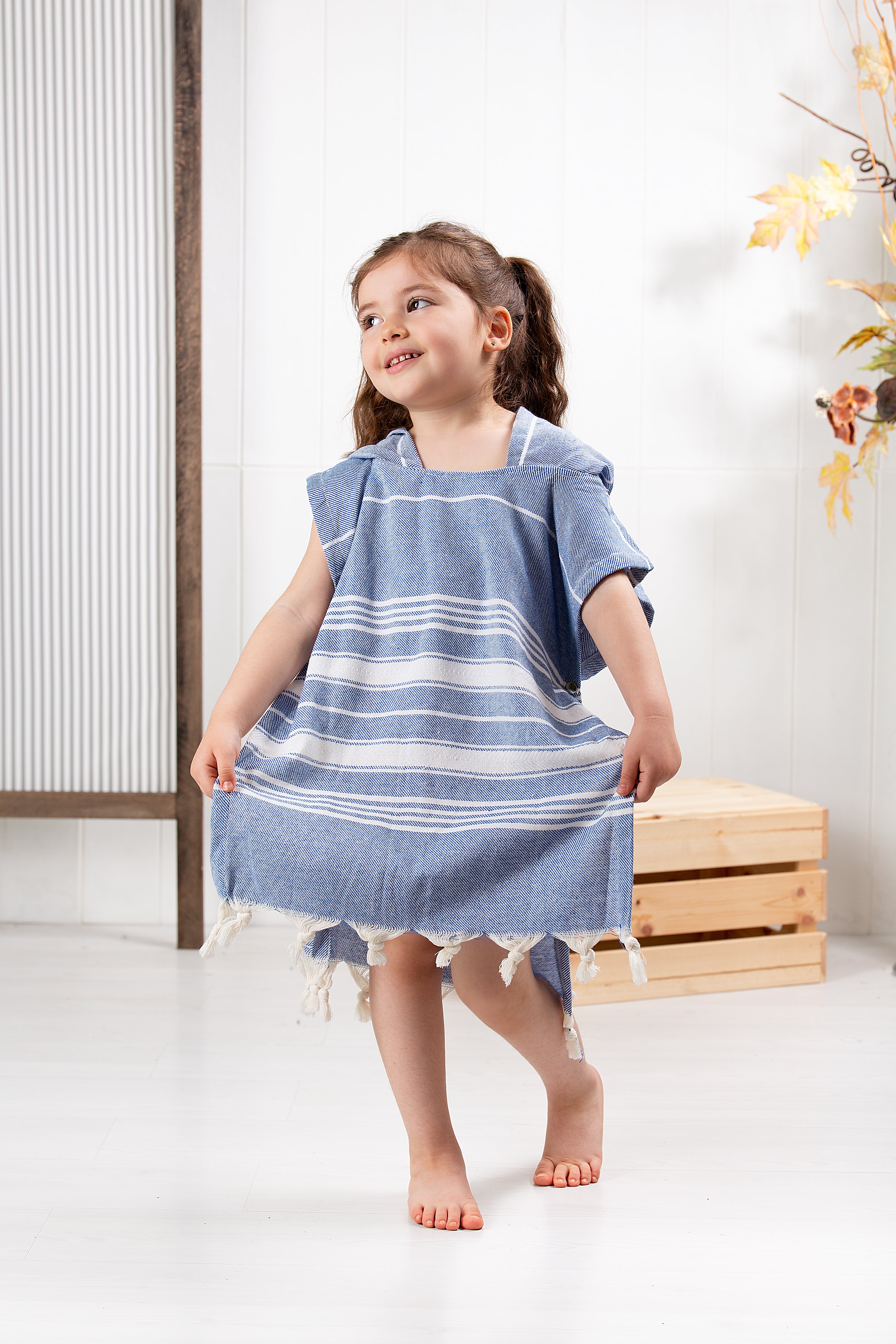 Çocuk Bornoz Panço %100 Pamuk Plaj Havlusu Peştamal Mavi