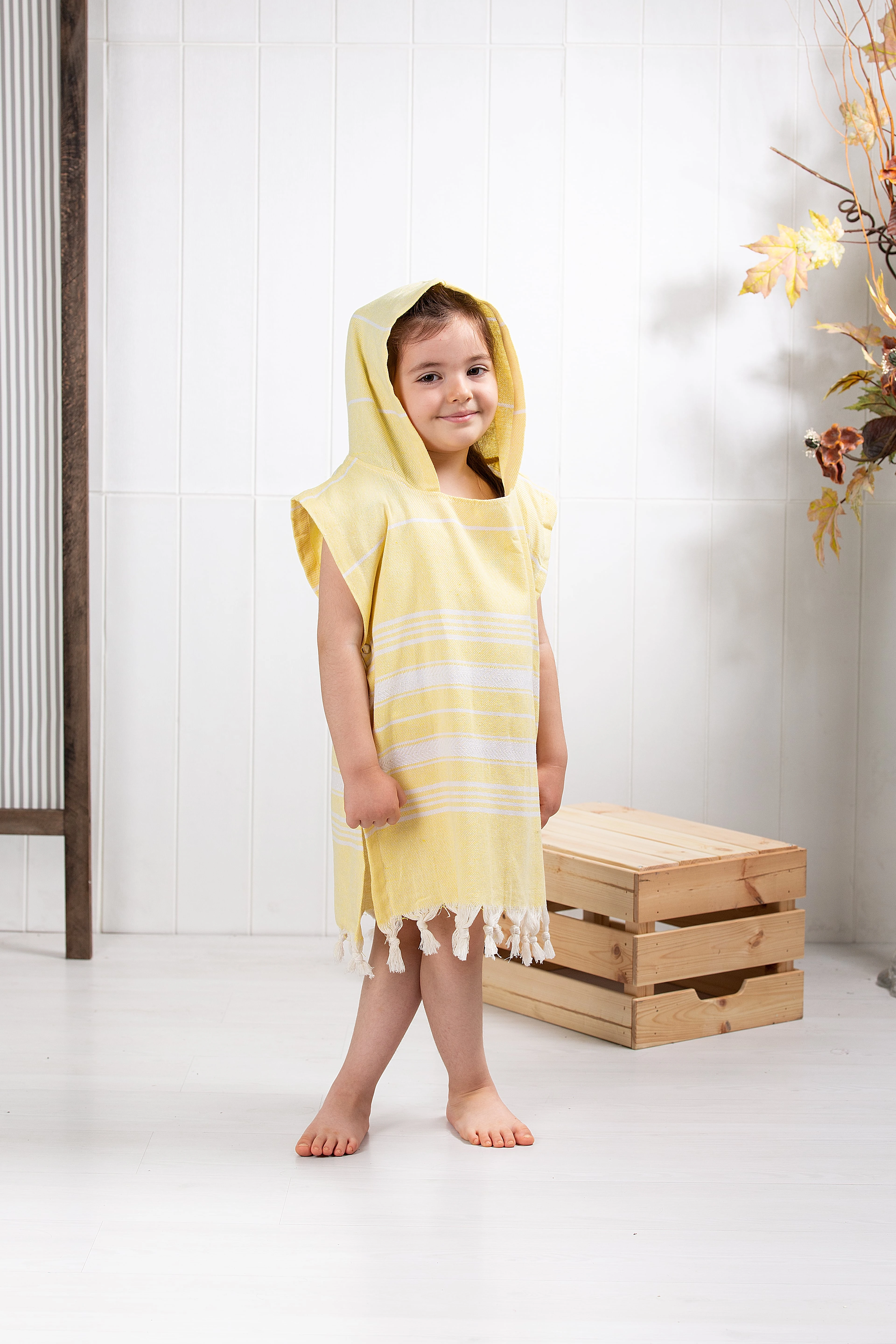 Çocuk Bornoz Panço %100 Pamuk Plaj Havlusu Peştamal Sarı