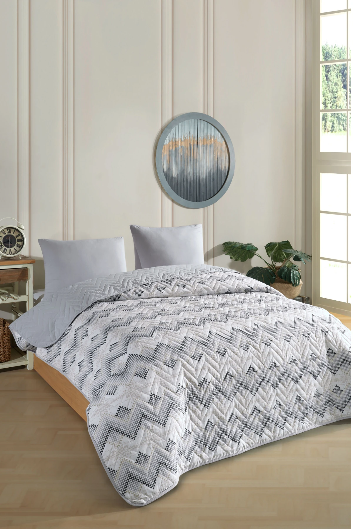 Çift Kişilik Desenli Kapitone Çift Taraflı Renkli Pike Yatak Örtüsü Takımı 200 x 230 cm (Çarşafsız) - Gri