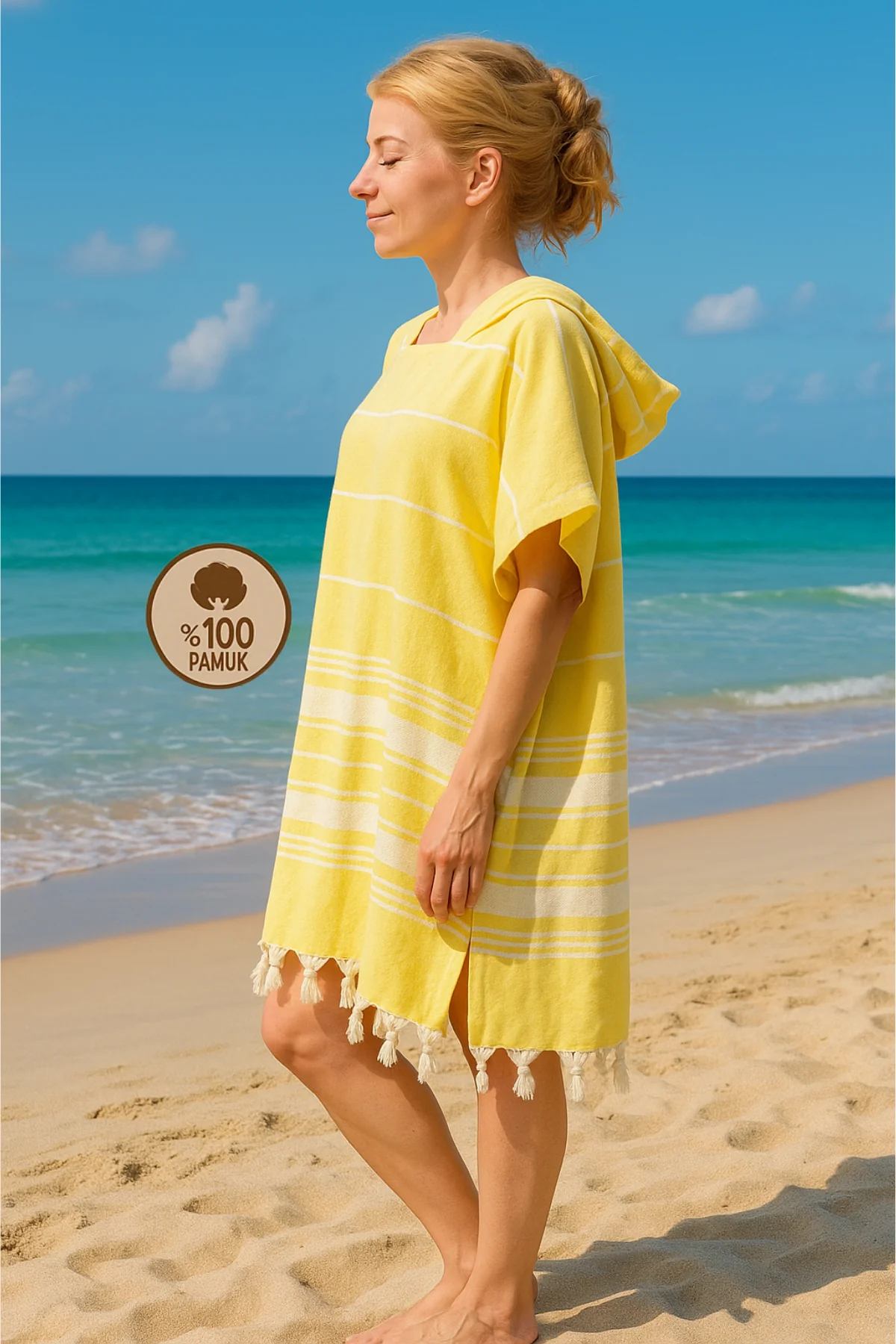 Pamuklu Yetişkin Peştamal Panço Bornoz Plaj Havlusu Sarı