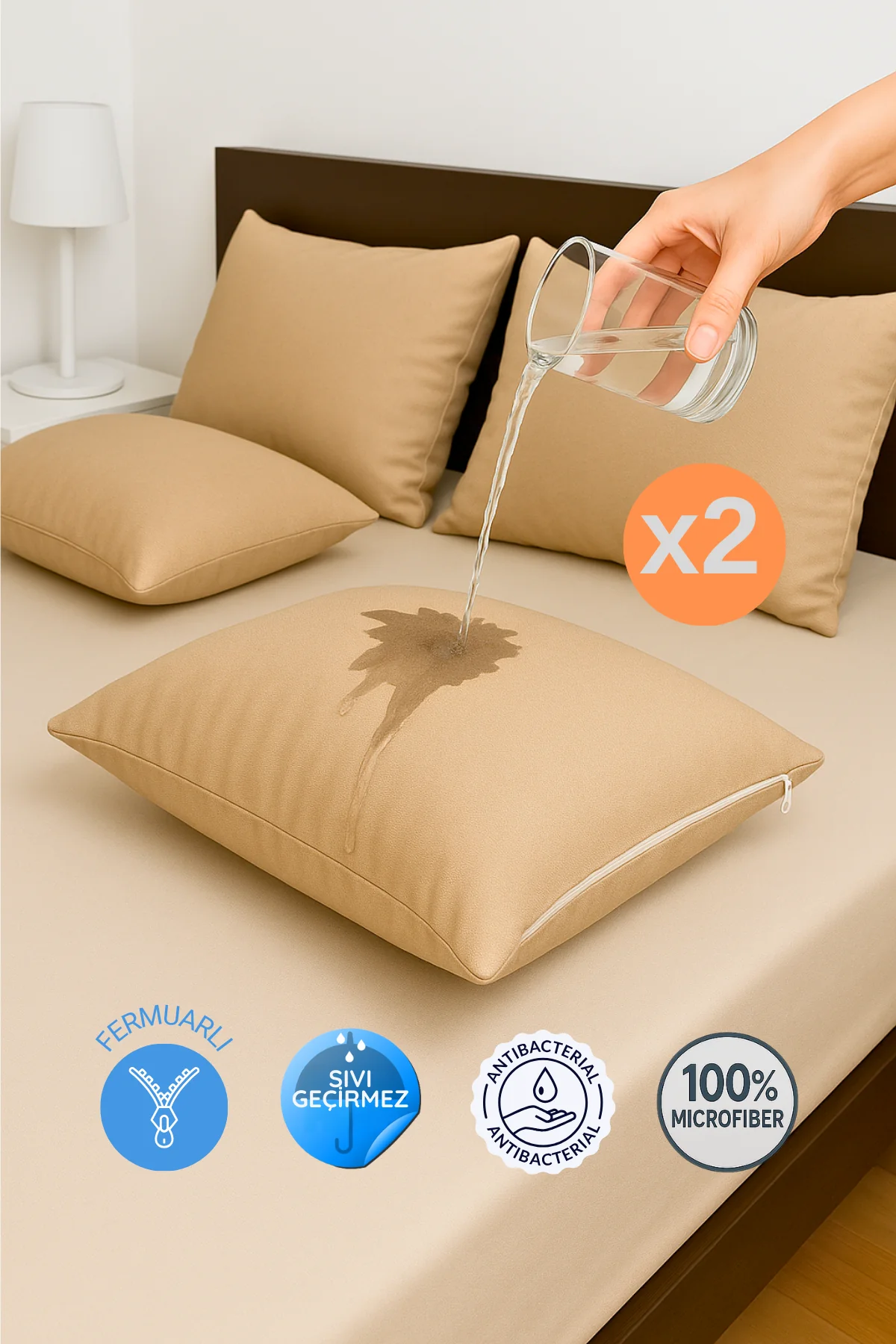 2'li Fermuarlı Sıvı Geçirmez Yastık Alezi Yastık Koruyucu 50 x 70 cm
