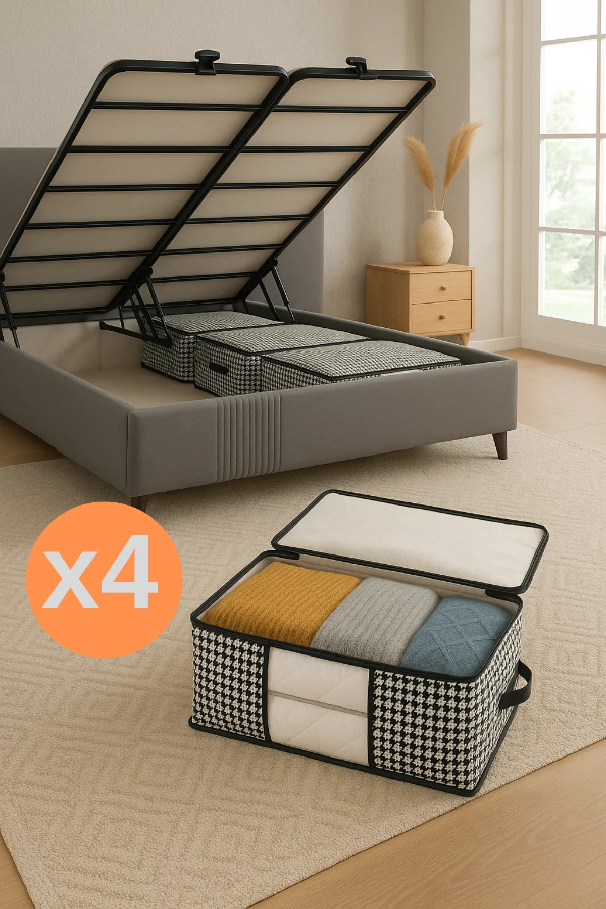 Baza ve Yatak Altı Uyumlu 4 Adet Lüks Pencereli Dolap Düzenleyici Hurç Baza Altı Hurç 64x45x22 cm