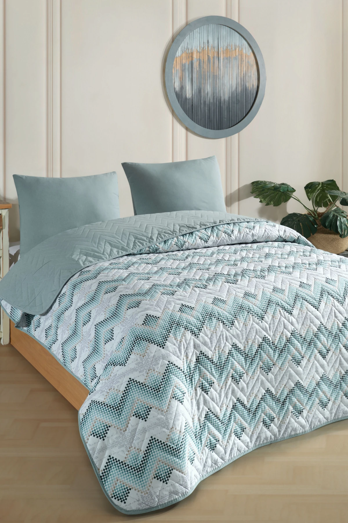 Çift Kişilik Desenli Kapitone Çift Taraflı Renkli Pike Yatak Örtüsü Takımı 200 x 230 cm (Çarşafsız) - Yeşil