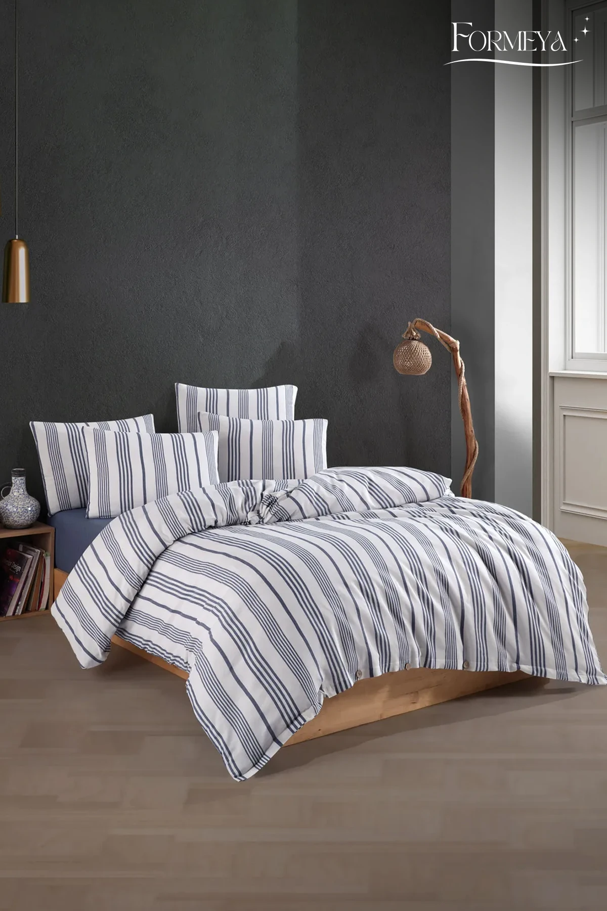 Düğmeli Lastikli Çarşaflı Pamuklu İpliği Boyalı Tek Kişilik Nevresim Takımı (1 Adet Yastık Kılıflı)