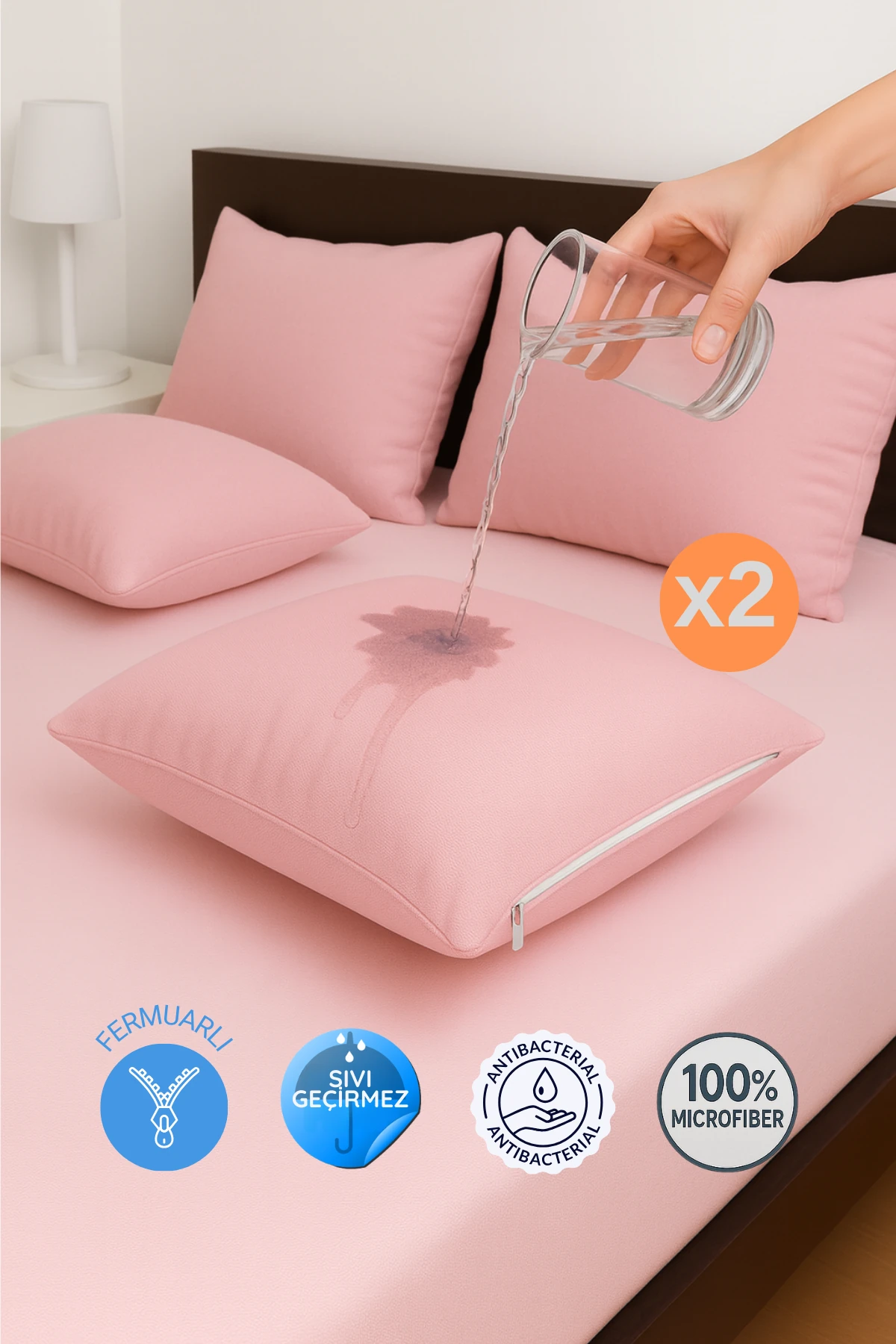 2'li Fermuarlı Sıvı Geçirmez Yastık Alezi Yastık Koruyucu 50 x 70 cm
