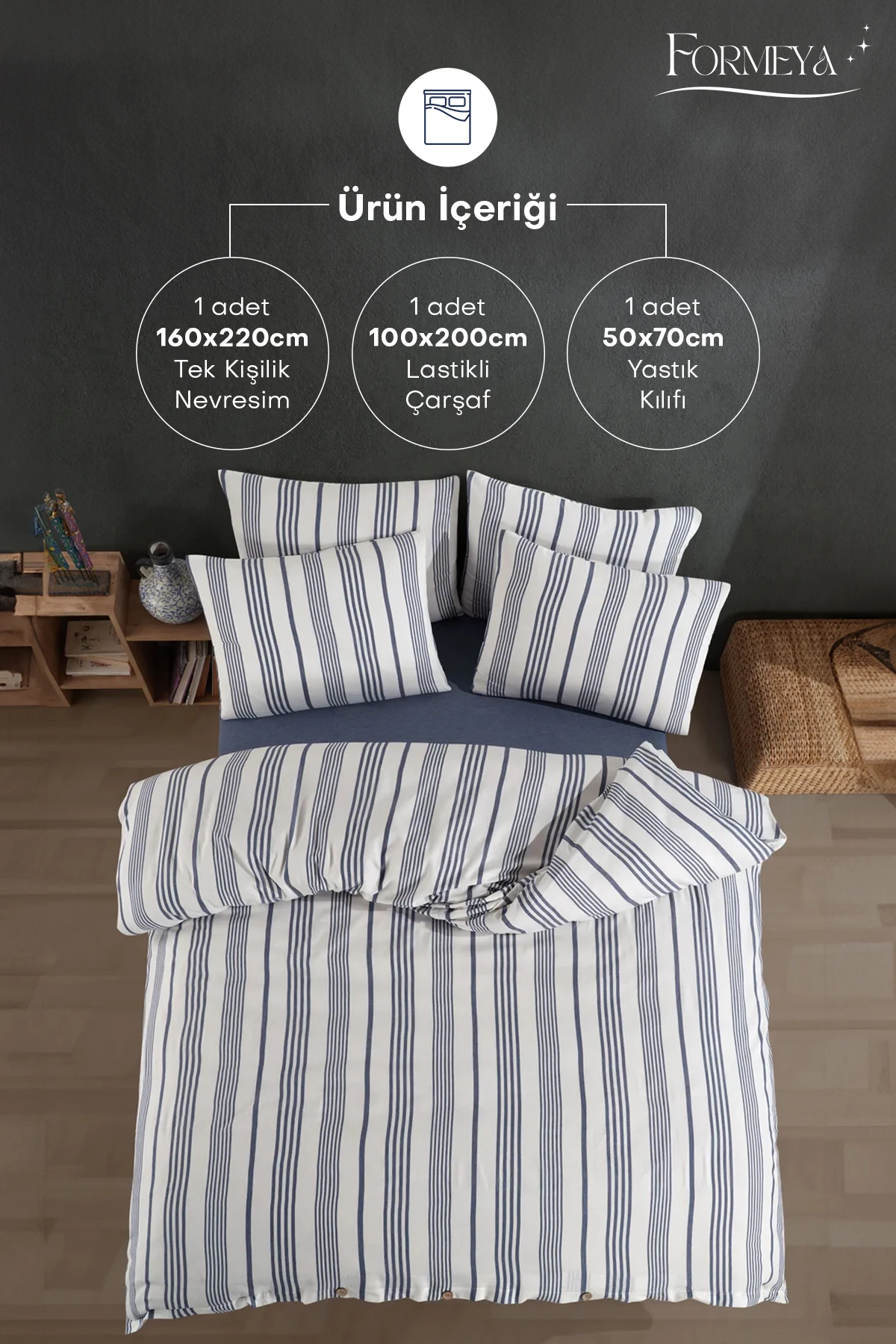 Düğmeli Lastikli Çarşaflı Pamuklu İpliği Boyalı Tek Kişilik Nevresim Takımı (1 Adet Yastık Kılıflı)