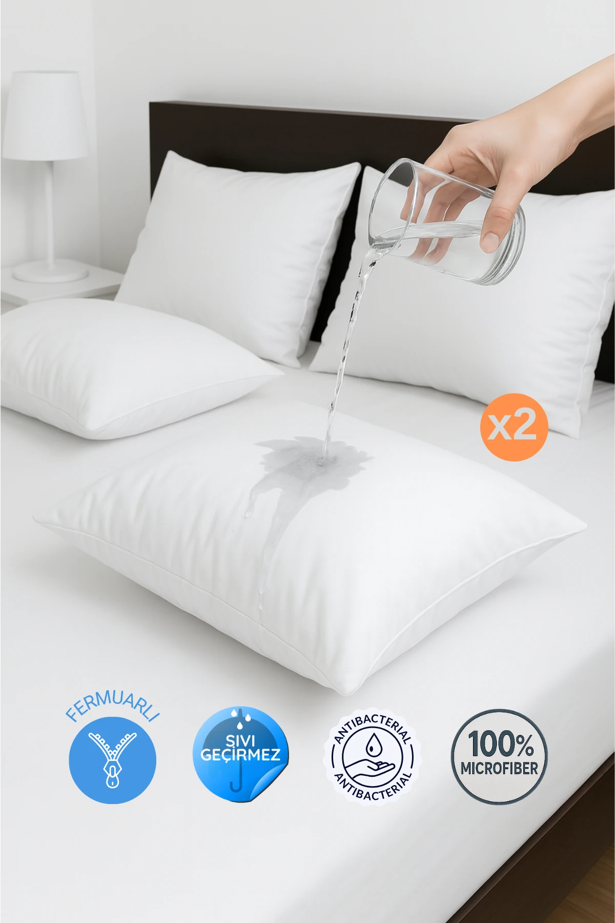 2'li Fermuarlı Sıvı Geçirmez Yastık Alezi Yastık Koruyucu 50 x 70 cm - Beyaz