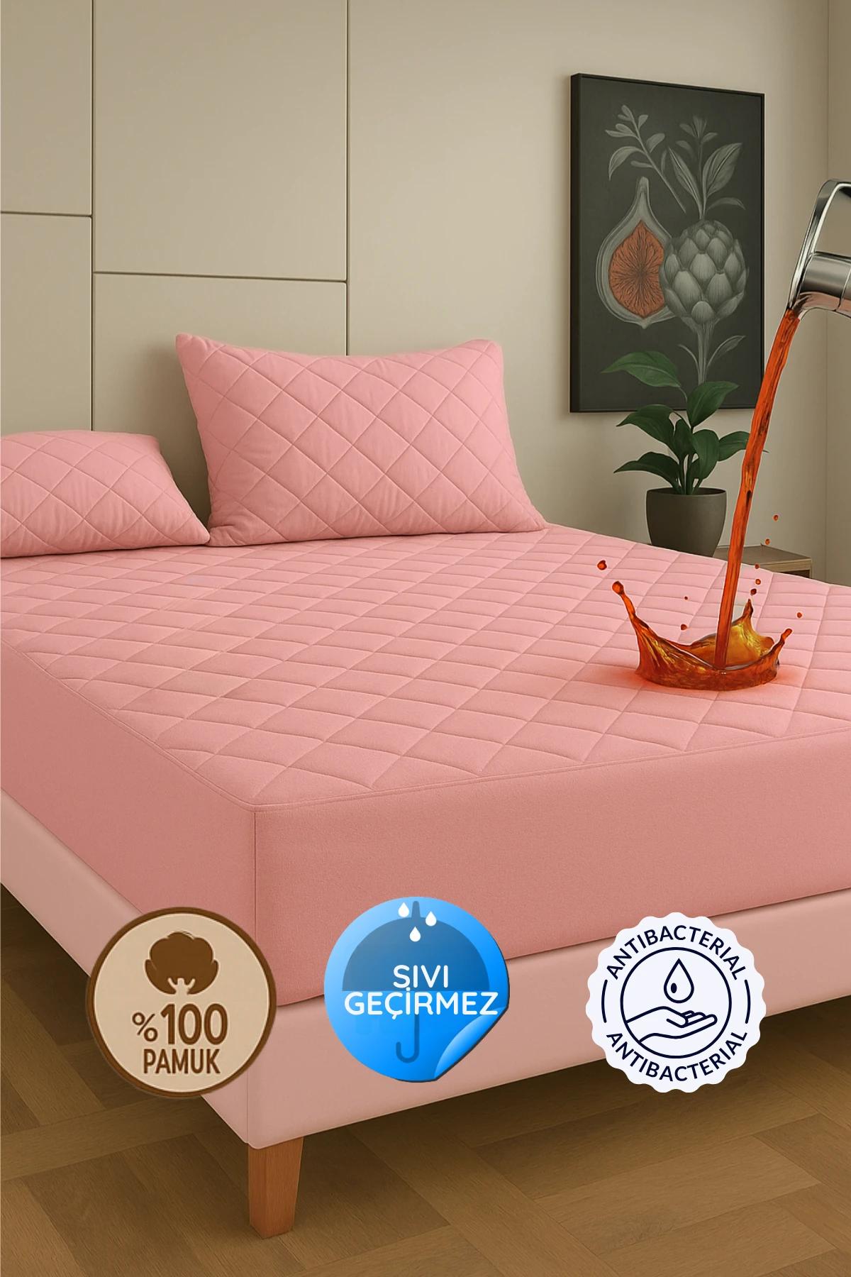 Alez Pudra %100 Pamuk Kapitone Sıvı Geçirmez Alez Fitted Çarşaf (15 Ebat)