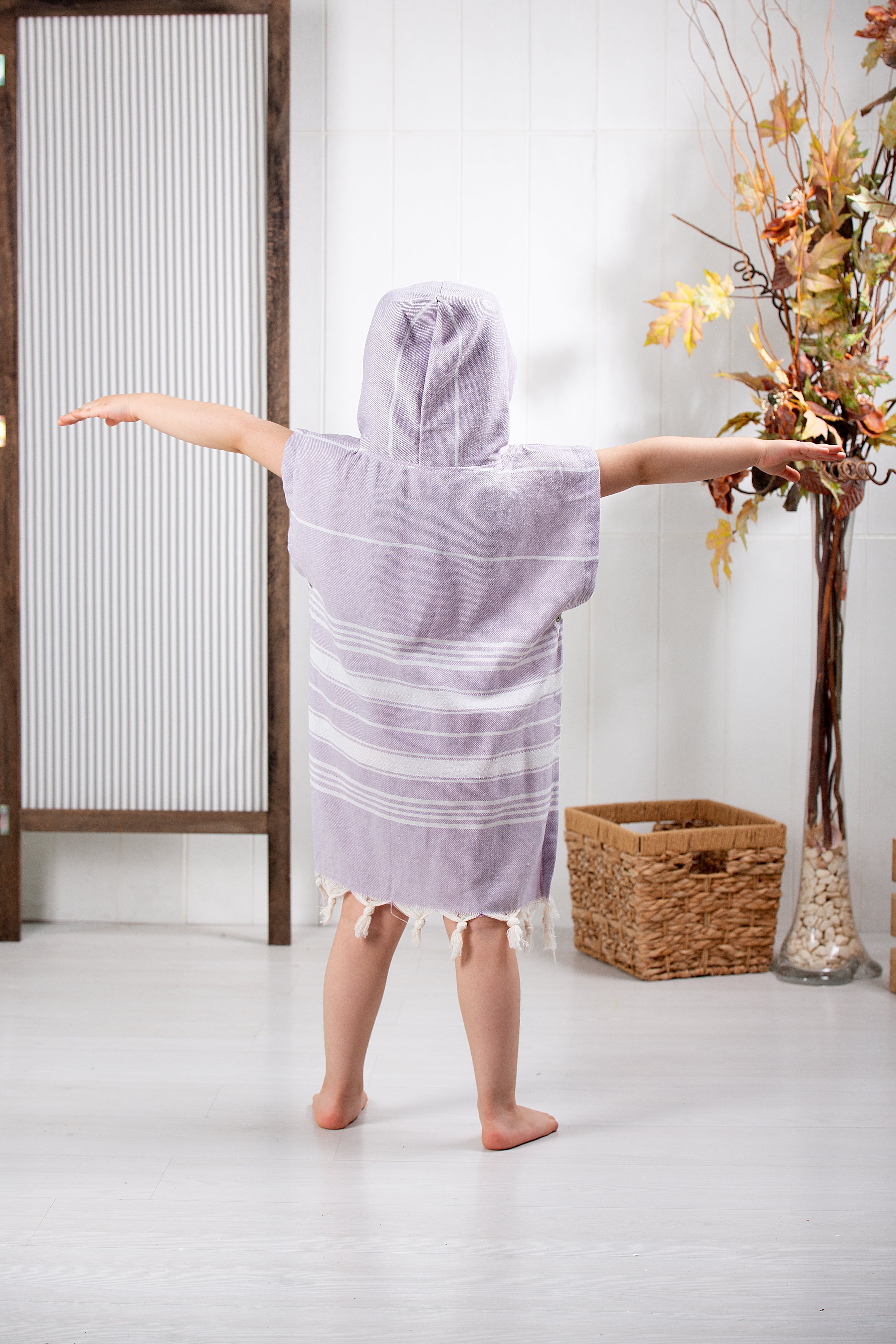 Çocuk Bornoz Panço %100 Pamuk Plaj Havlusu Peştamal Lila