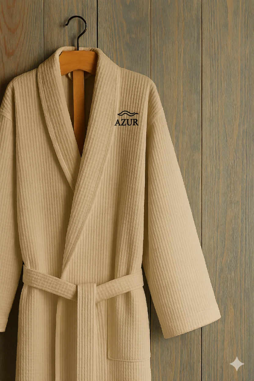 2'li Set Azur Premium Gofret Desen Bej Lüks Bornoz, 2 Adet Çeyizlik Bornoz, Standart Beden - L/XL