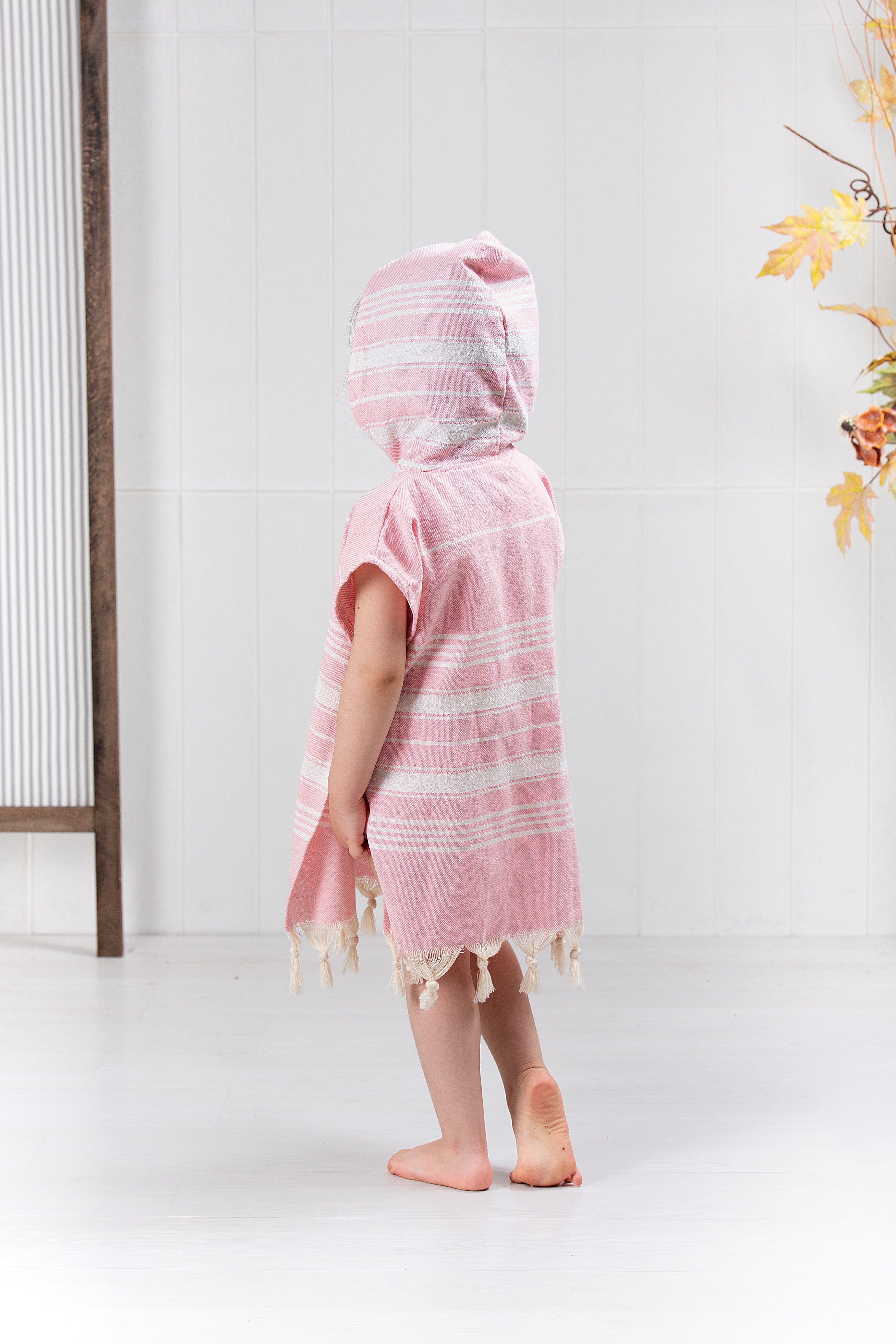 Çocuk Bornoz Panço %100 Pamuk Plaj Havlusu Peştamal Pembe