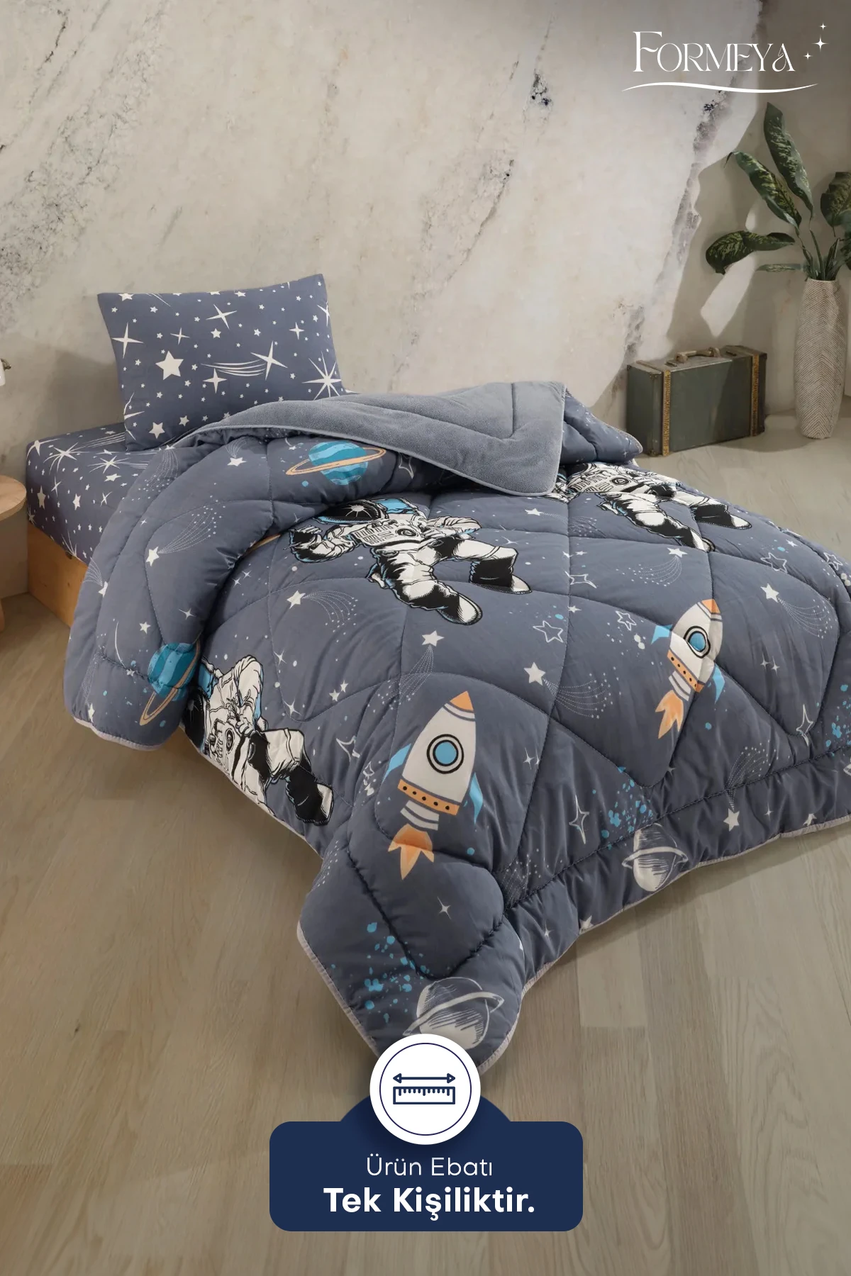 Tek Kişilik Çarşaflı Astronot Desenli Çift Taraflı Wellsoft Uyku Seti (Yorgan+Çarşaf+Yastık Kılıfı)