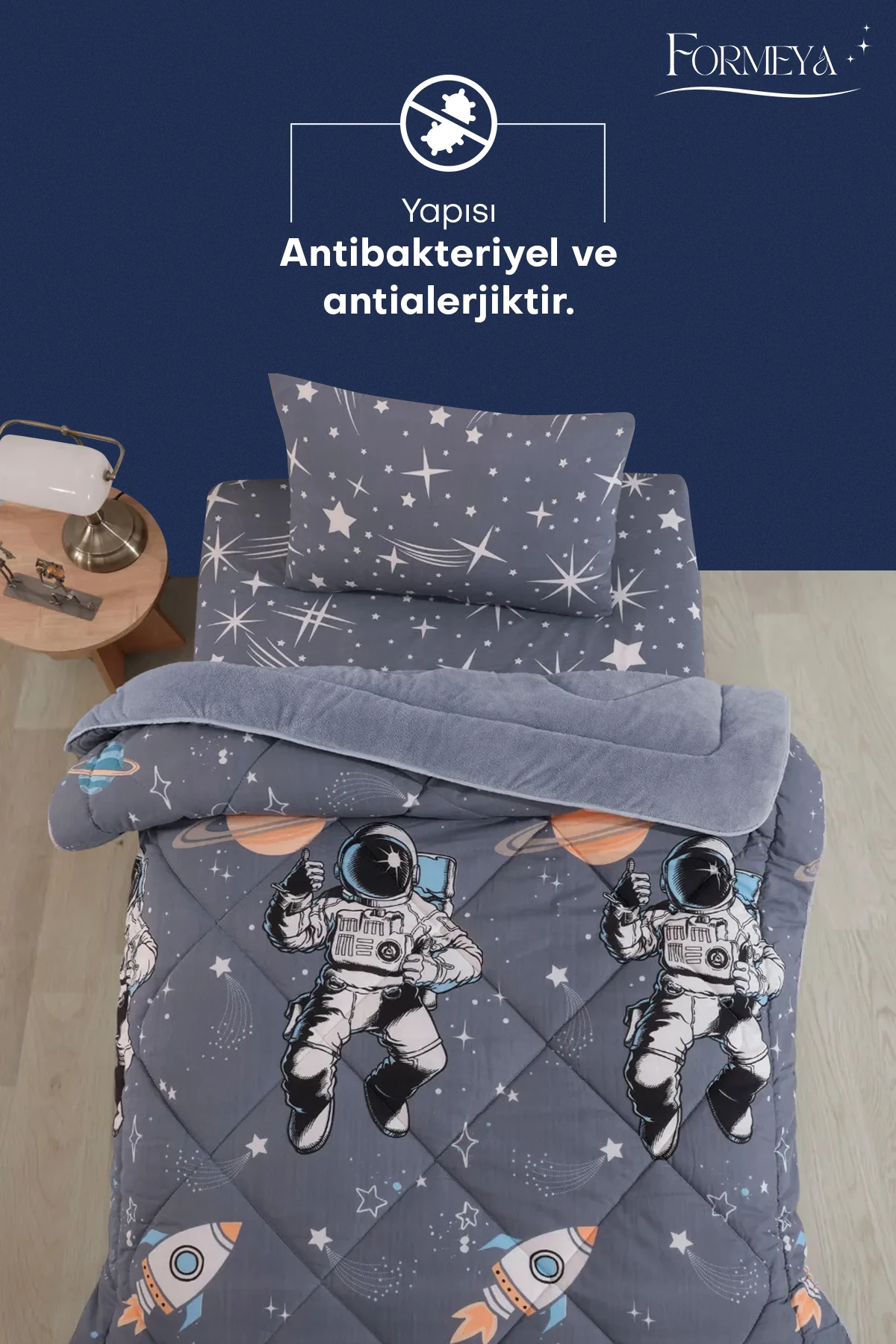 Tek Kişilik Çarşaflı Astronot Desenli Çift Taraflı Wellsoft Uyku Seti (Yorgan+Çarşaf+Yastık Kılıfı)