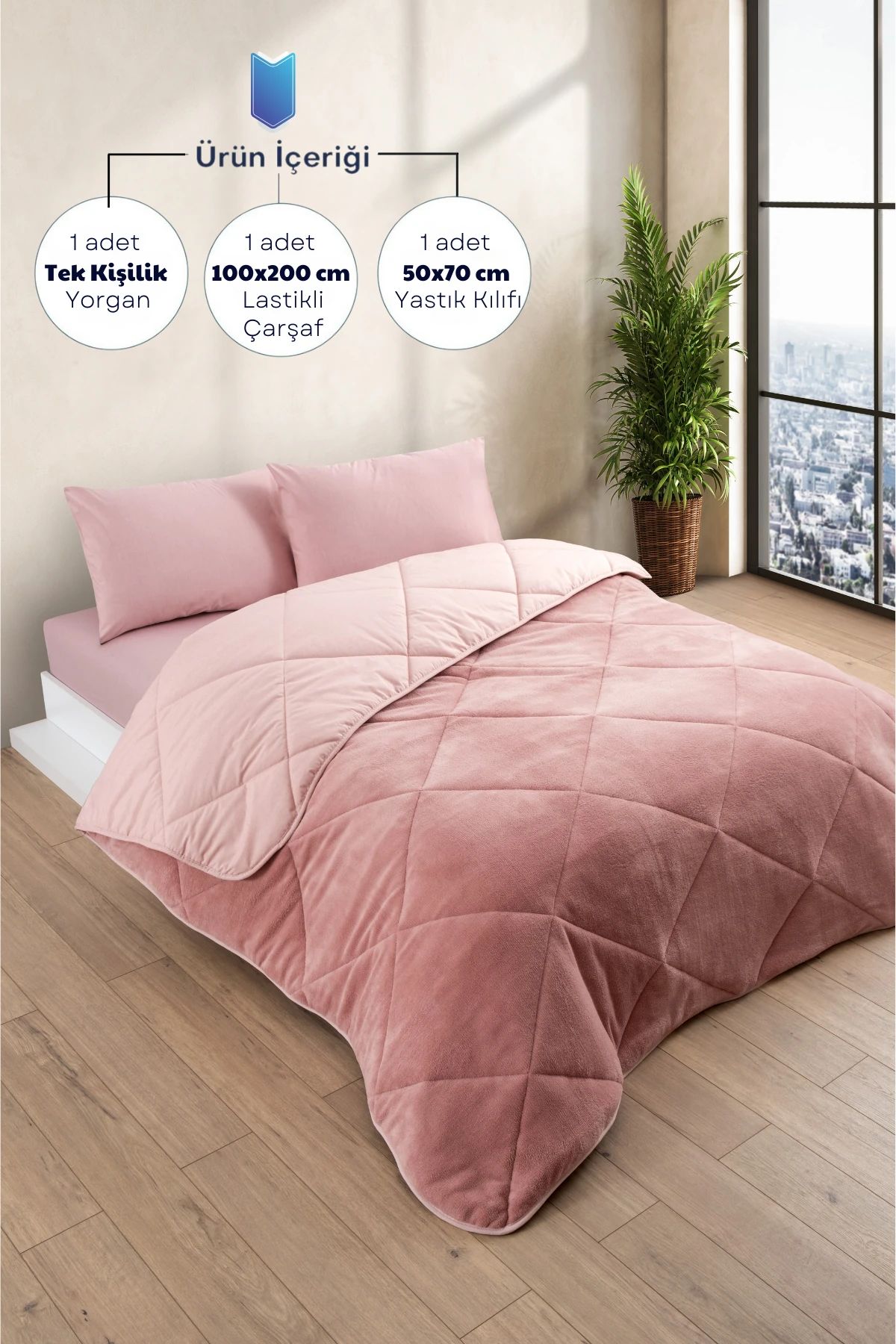 Tek Kişilik Wellsoft Yorgan Uyku Seti - Lastikli Çarşaflı Yastık Kılıflı Tek Kişilik Uyku Seti - Pudra