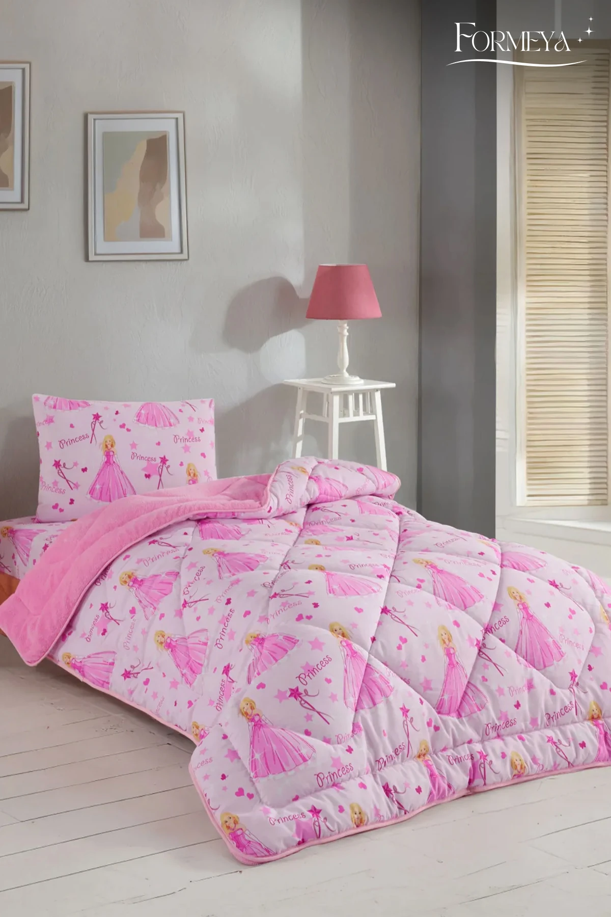 Tek Kişilik Çarşaflı Prenses Desenli Çift Taraflı Wellsoft Uyku Seti(Yorgan+Çarşaf+Yastık Kılıfı)