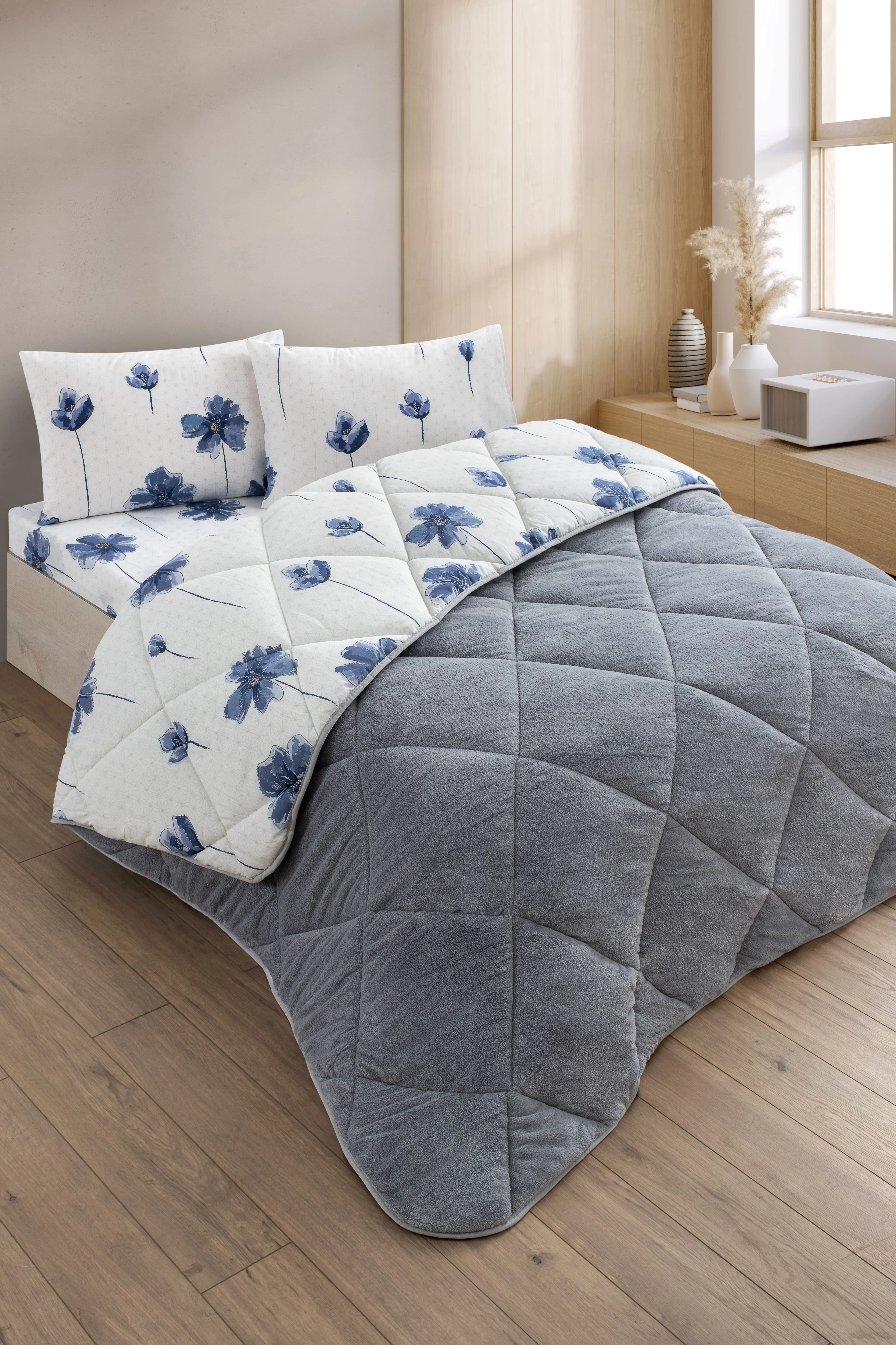 Nordelle Battal Boy Lüx Wellsoft Yorgan Çift Taraflı - 2 Adet Yastık Kılıflı Yorgan Seti 215x235 cm - Gri-Mavi