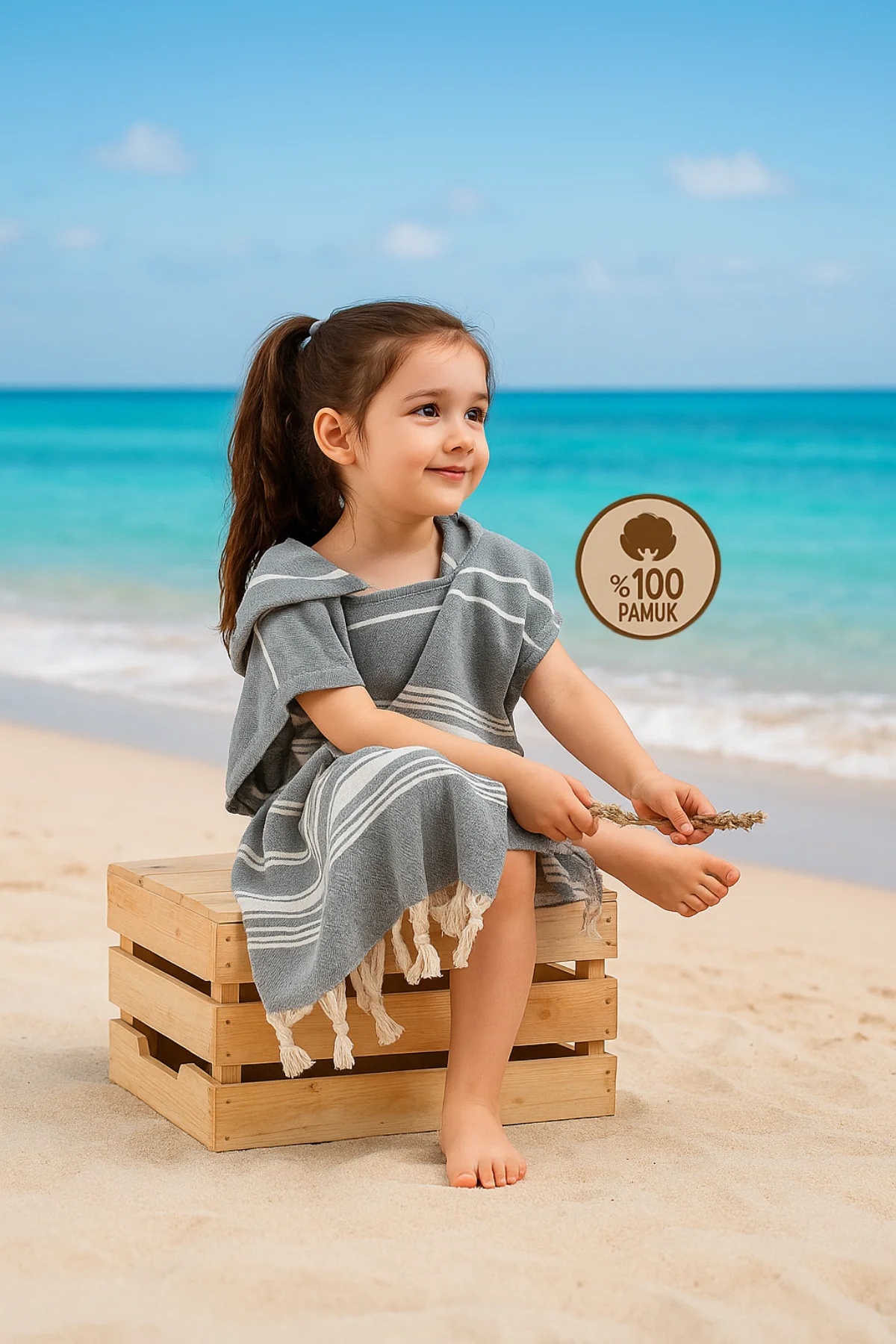 Çocuk Bornoz Panço %100 Pamuk Plaj Havlusu Peştamal Gri