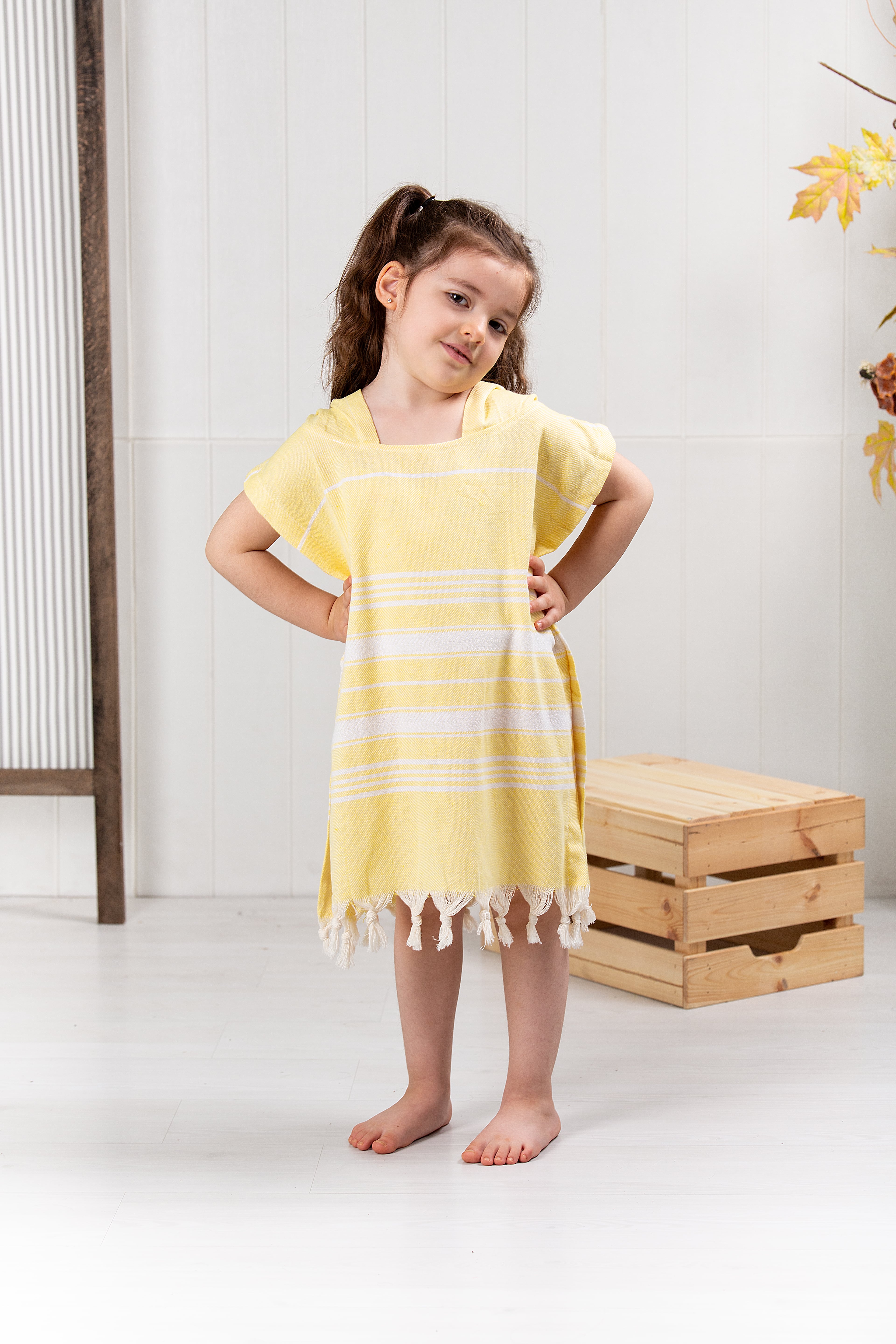 Çocuk Bornoz Panço %100 Pamuk Plaj Havlusu Peştamal Sarı