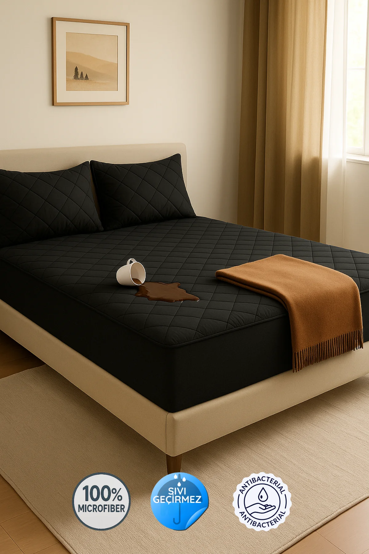 Adelya Siyah Kapitone Sıvı Geçirmez Alez (15 Ebat)