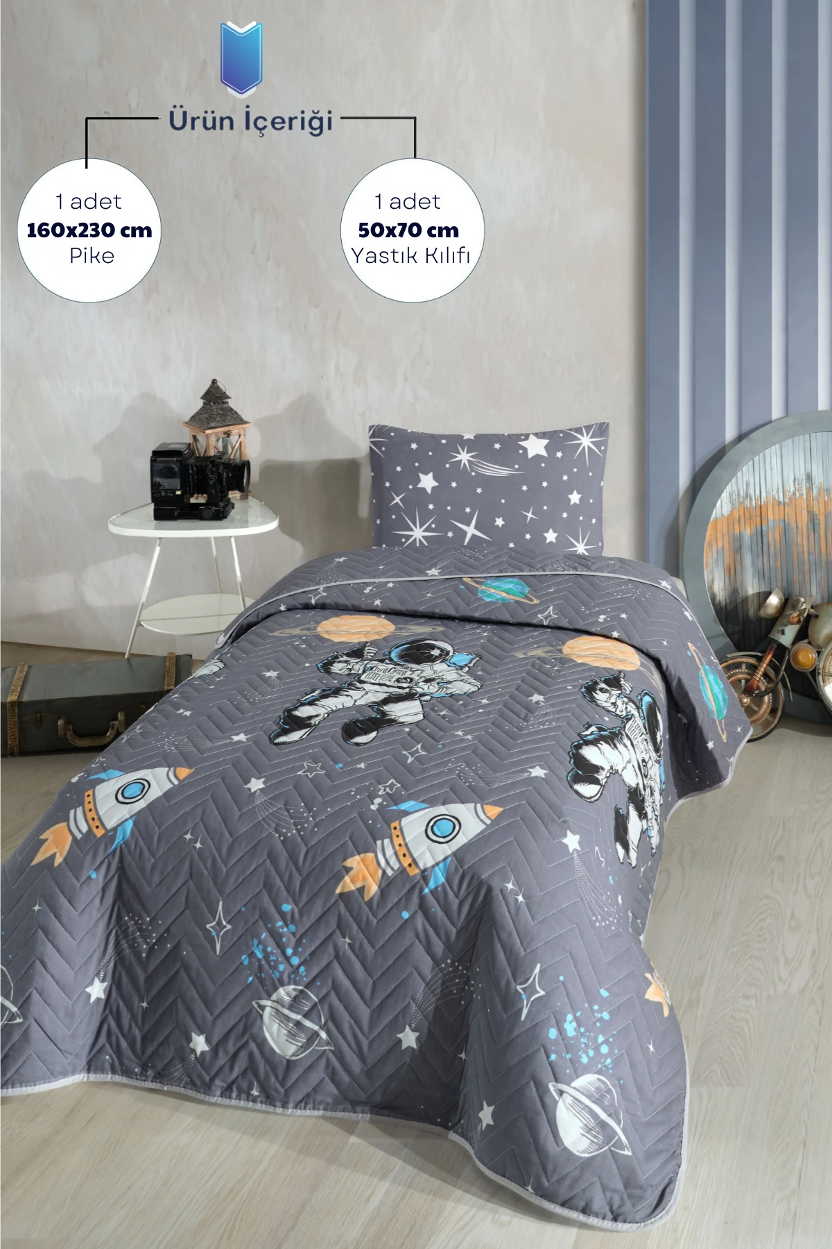 Astronot Desenli Çocuk-Genç Odası Tek Kişilik Pike-Yatak Örtüsü Takımı 160 x 230 Cm (ÇARŞAFSIZ)