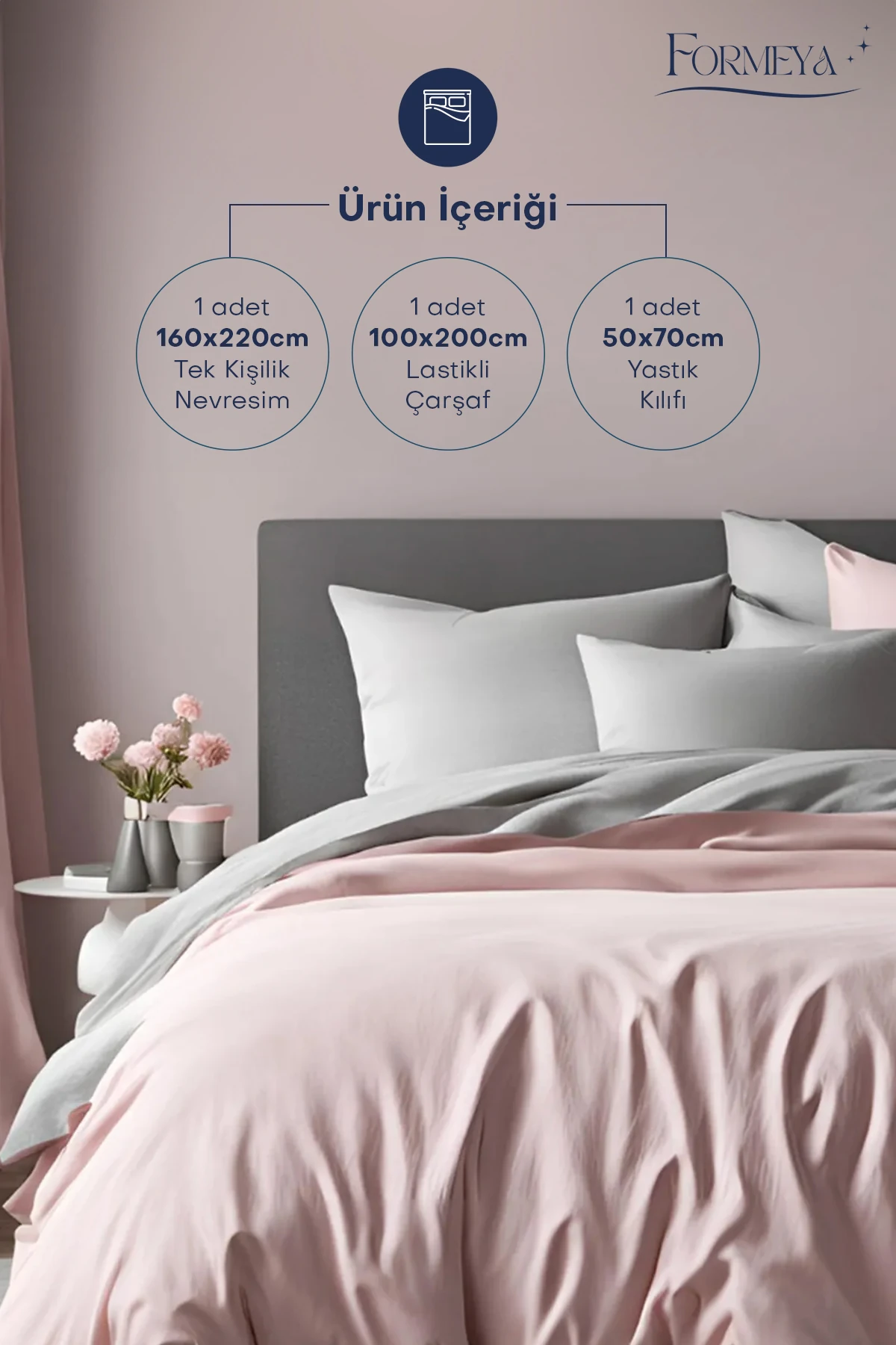 Lastikli Çarşaflı Nevresim Takımı Tek Kişilik (1 Adet Yastık Kılıflı)