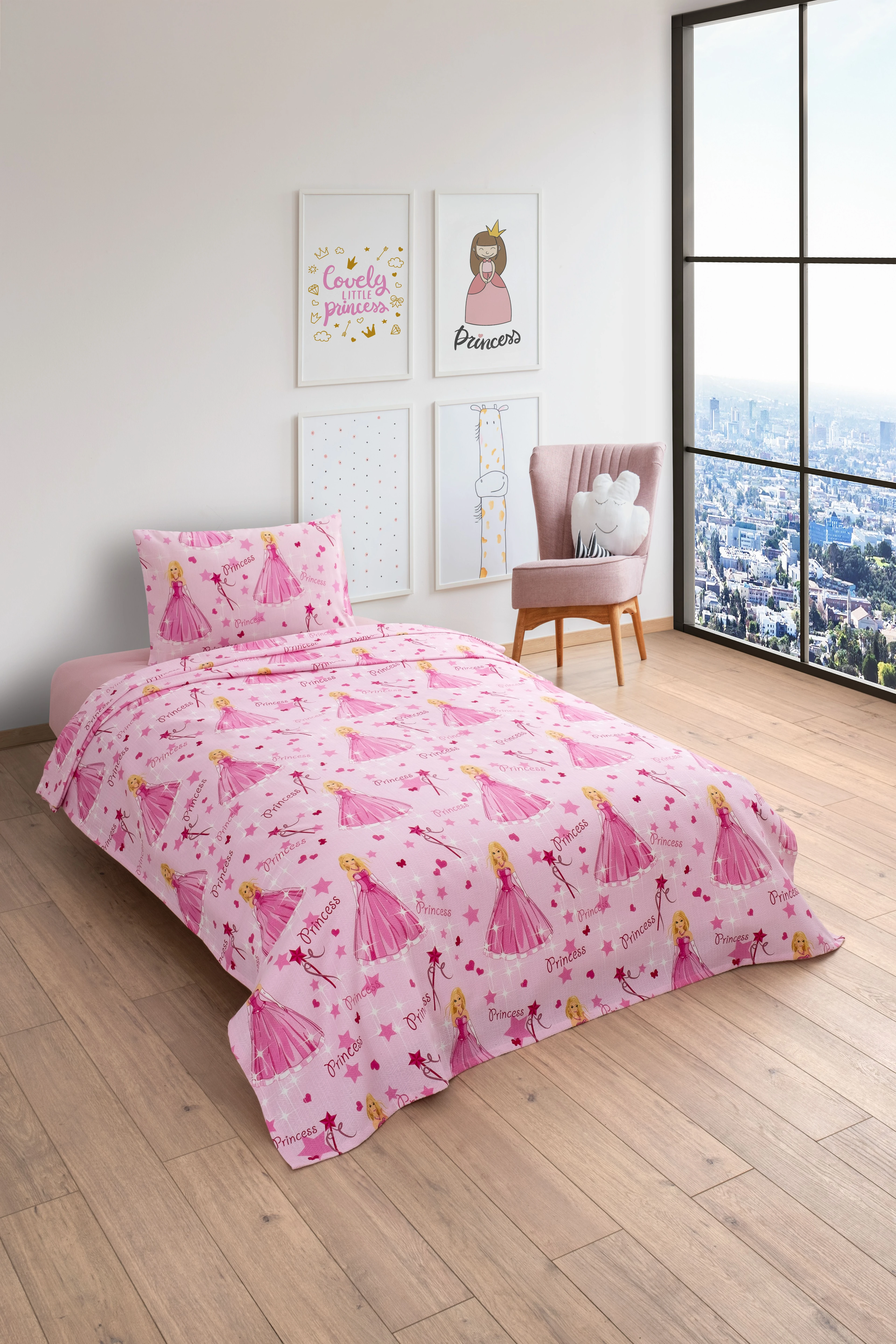 Gofret Detaylı Prenses Baskılı Çocuk-Genç Odası Tek Kişilik Pike 160x230 cm (1 Adet Yastık Kılıflı)
