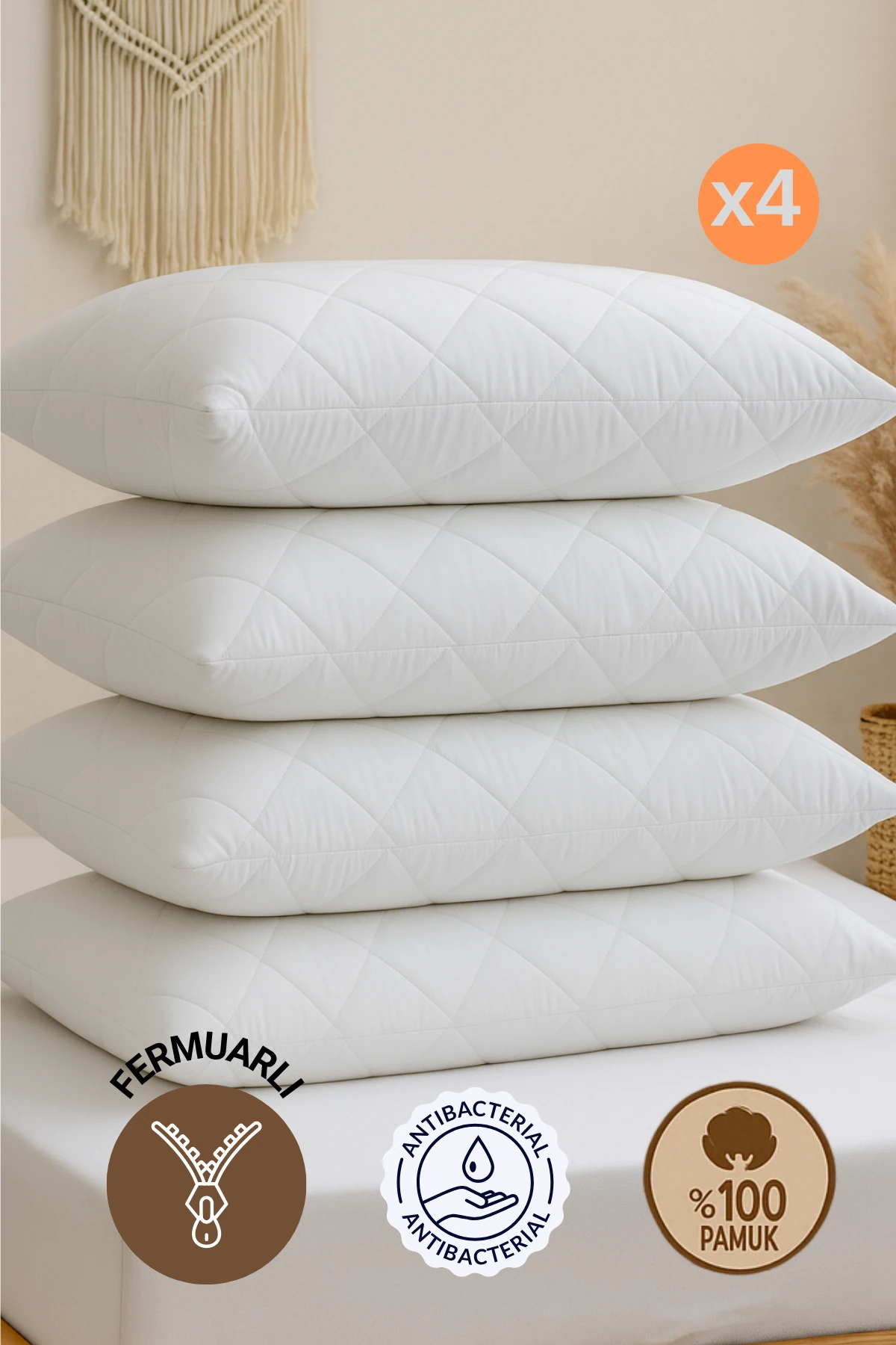 Pamukkale Alez Kapitone Yastık Koruyucu 4'lü %100 Pamuk 50x70 cm