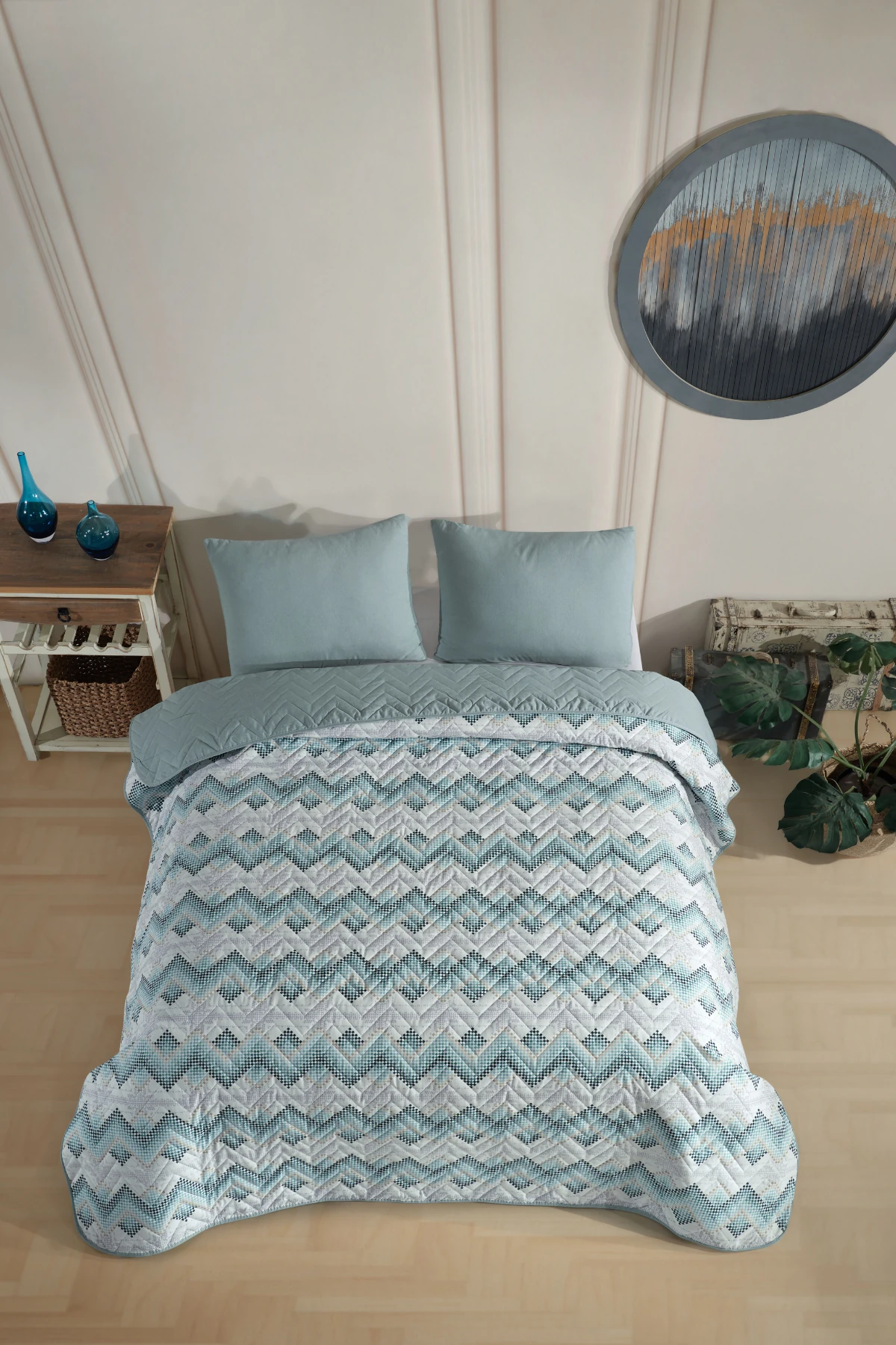 Çift Kişilik Desenli Kapitone Çift Taraflı Renkli Pike Yatak Örtüsü Takımı 200 x 230 cm (Çarşafsız) - Yeşil