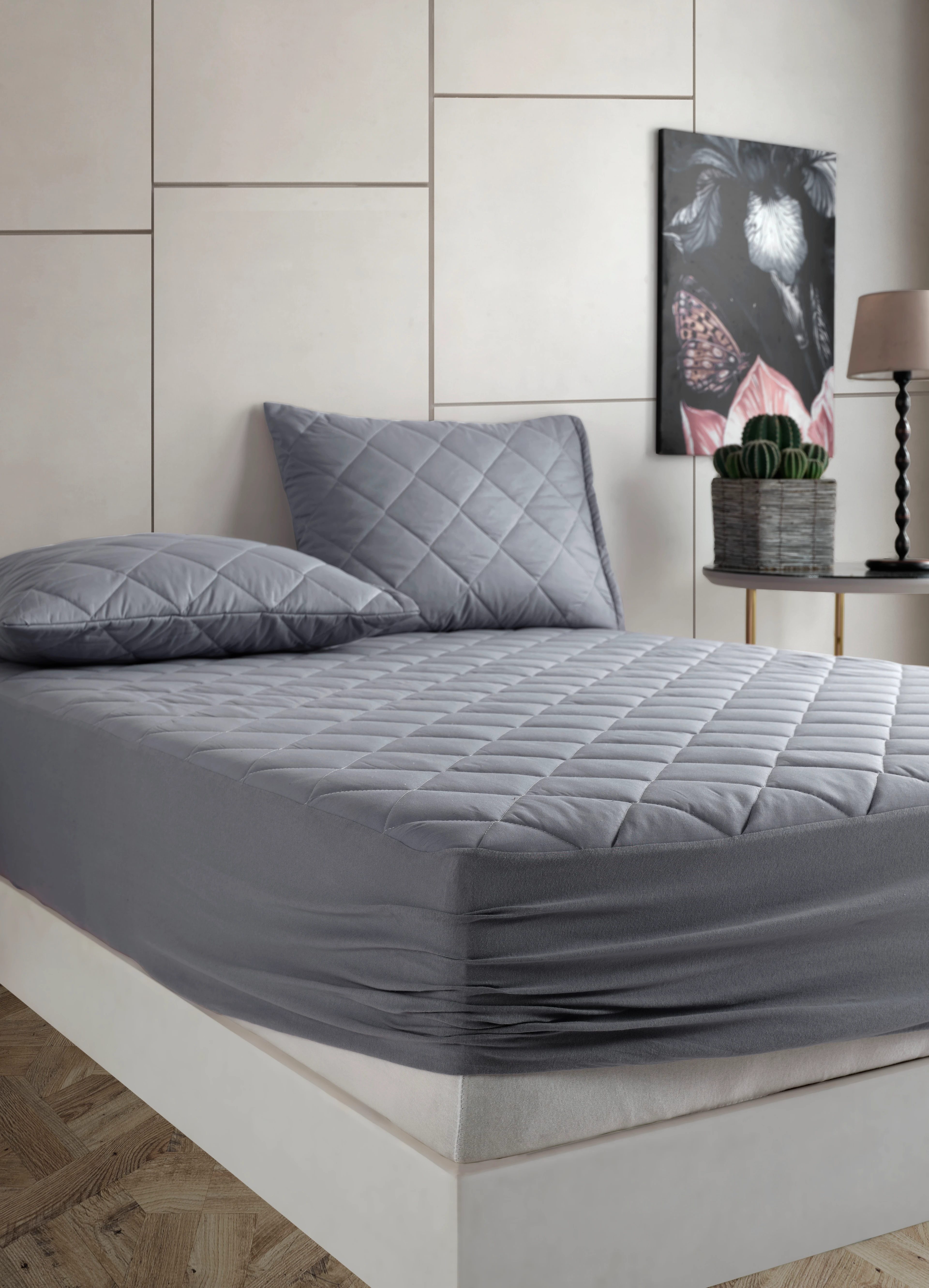 %100 Pamuk Kapitone Fitted Yatak Koruyucu Alez Çarşaf (15 Ebat) - Gri