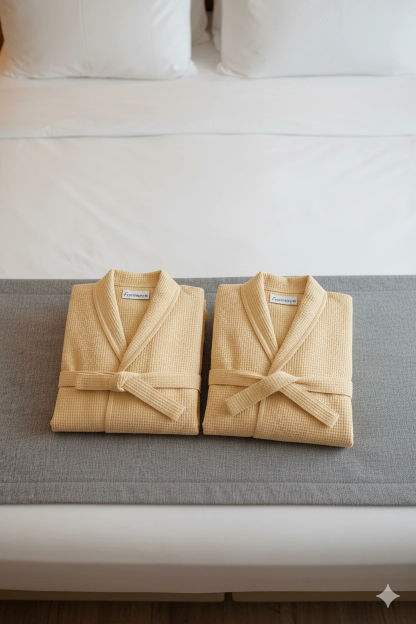 2'li Set Azur Premium Gofret Desen Bej Lüks Bornoz, 2 Adet Çeyizlik Bornoz, Standart Beden - L/XL