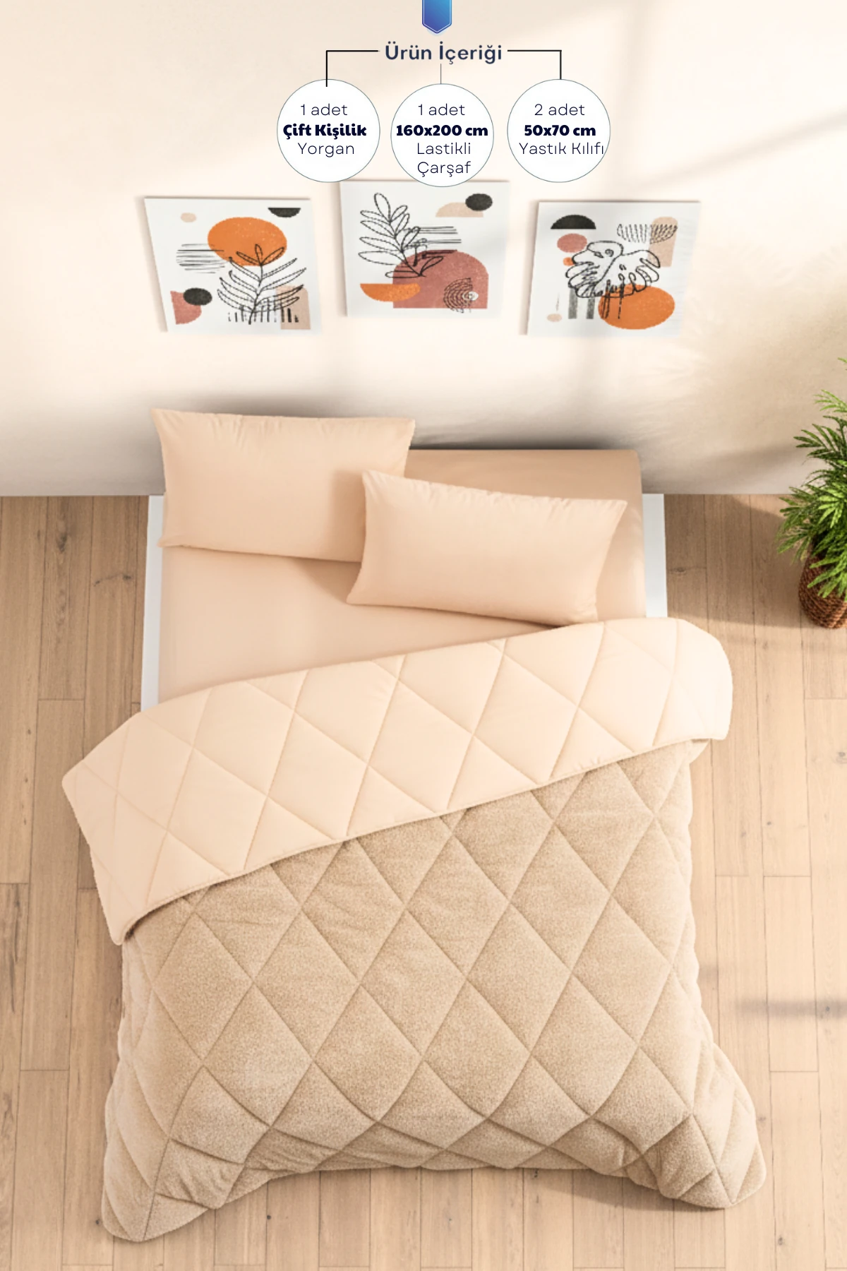 Çift Kişilik Wellsoft Yorgan Uyku Seti - Lastikli Çarşaflı 2 Yastık Kılıflı Çift Kişilik Uyku Seti - Bej