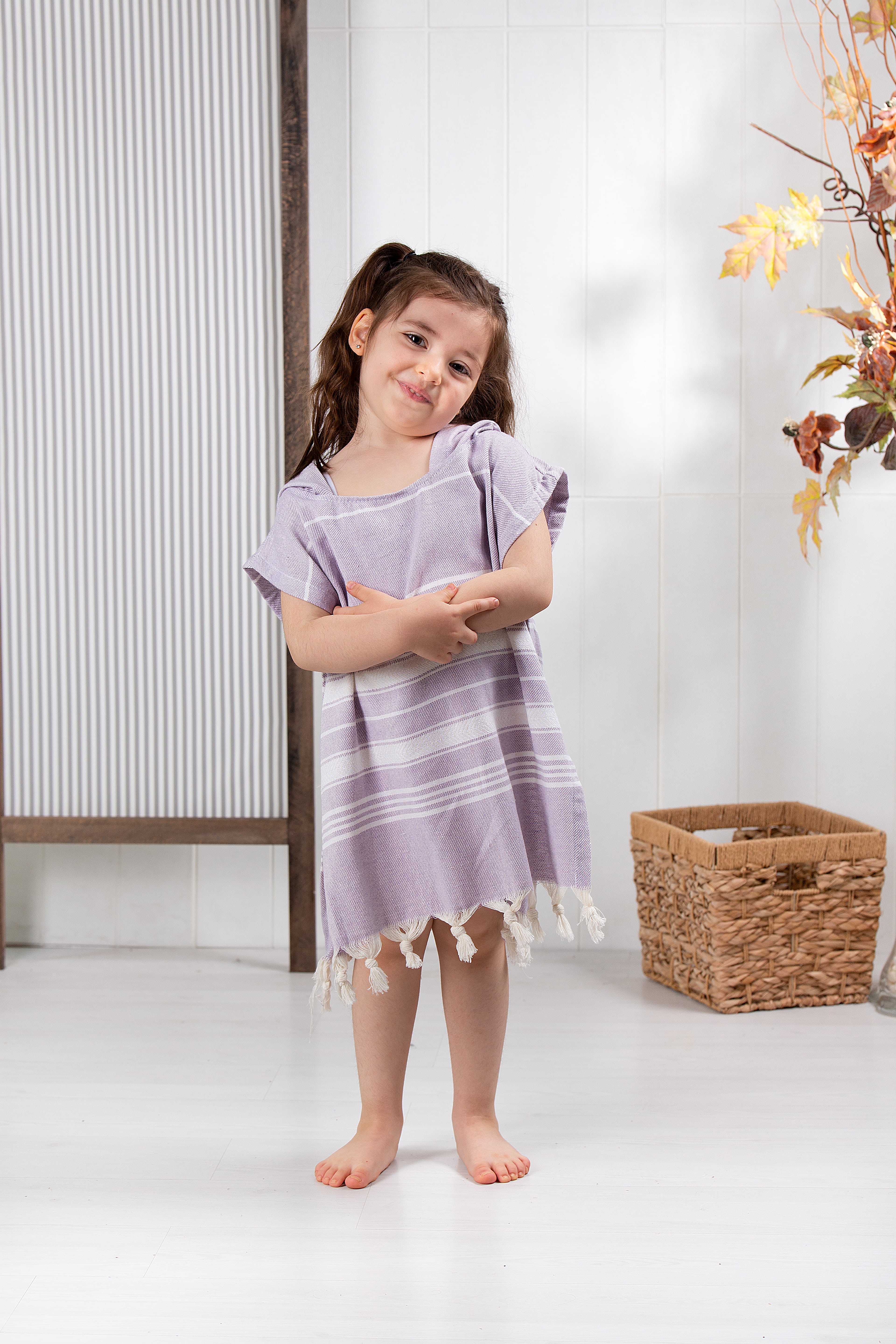 Çocuk Bornoz Panço %100 Pamuk Plaj Havlusu Peştamal Lila