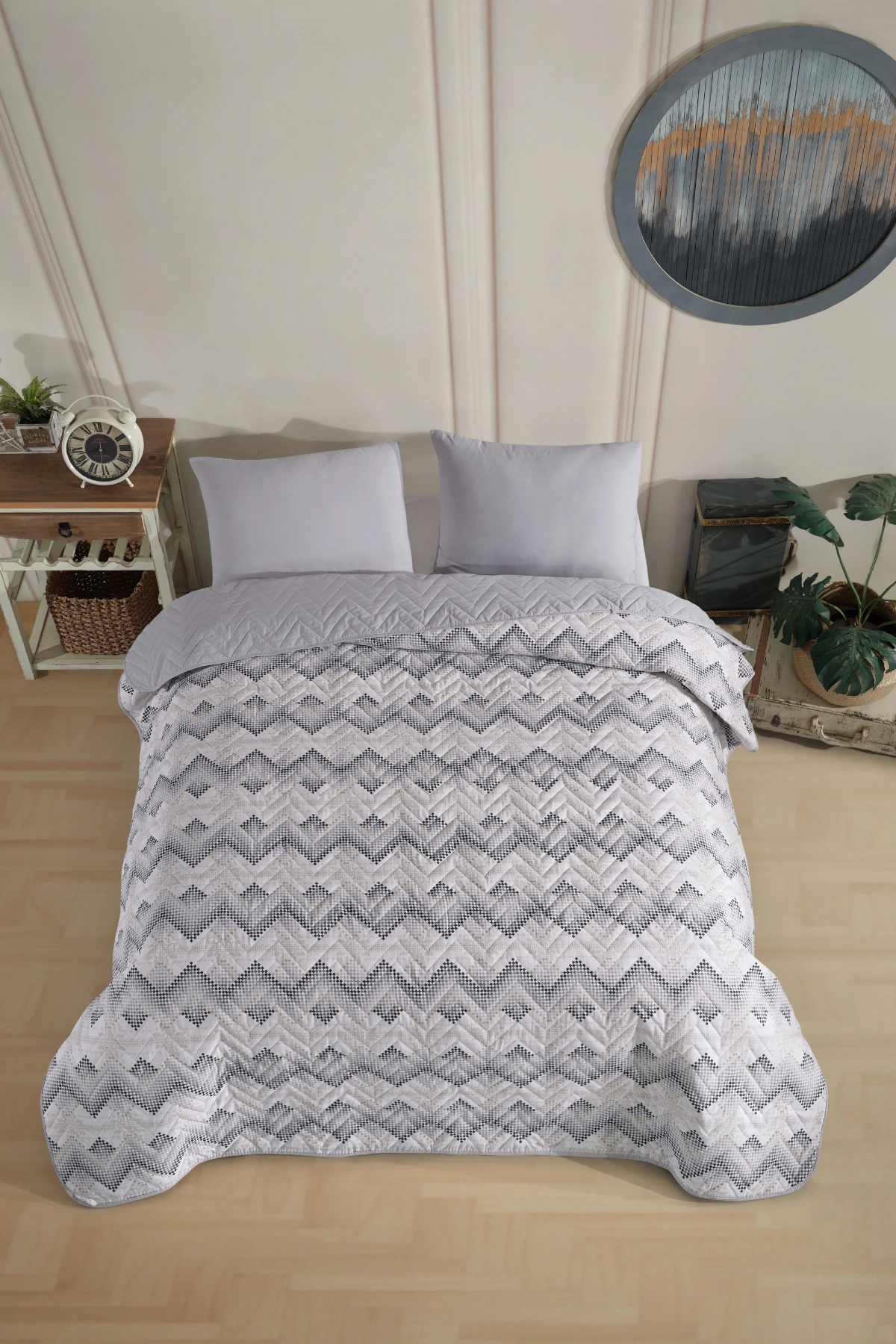 Çift Kişilik Desenli Kapitone Çift Taraflı Renkli Pike Yatak Örtüsü Takımı 200 x 230 cm (Çarşafsız) - Gri