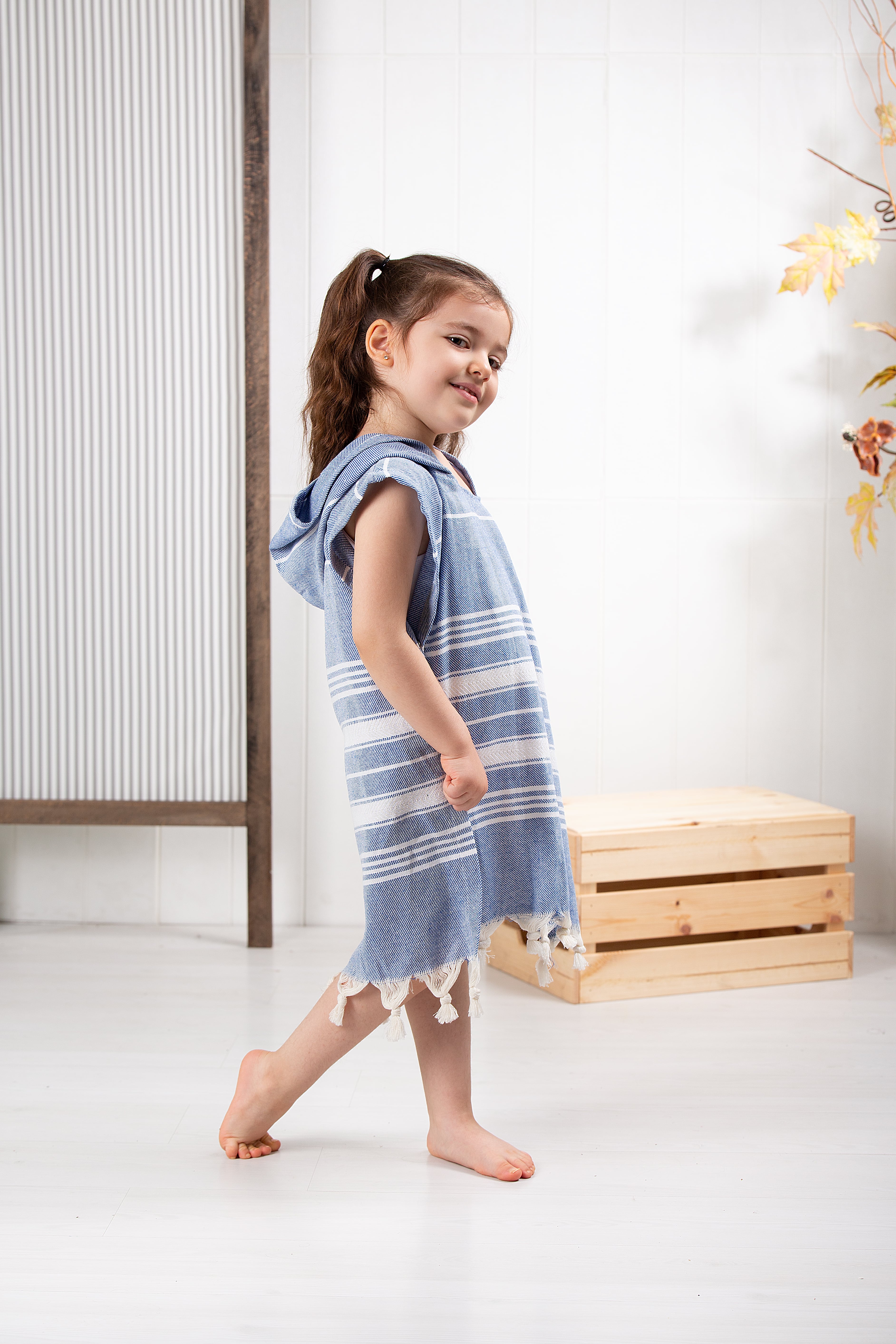 Çocuk Bornoz Panço %100 Pamuk Plaj Havlusu Peştamal Mavi