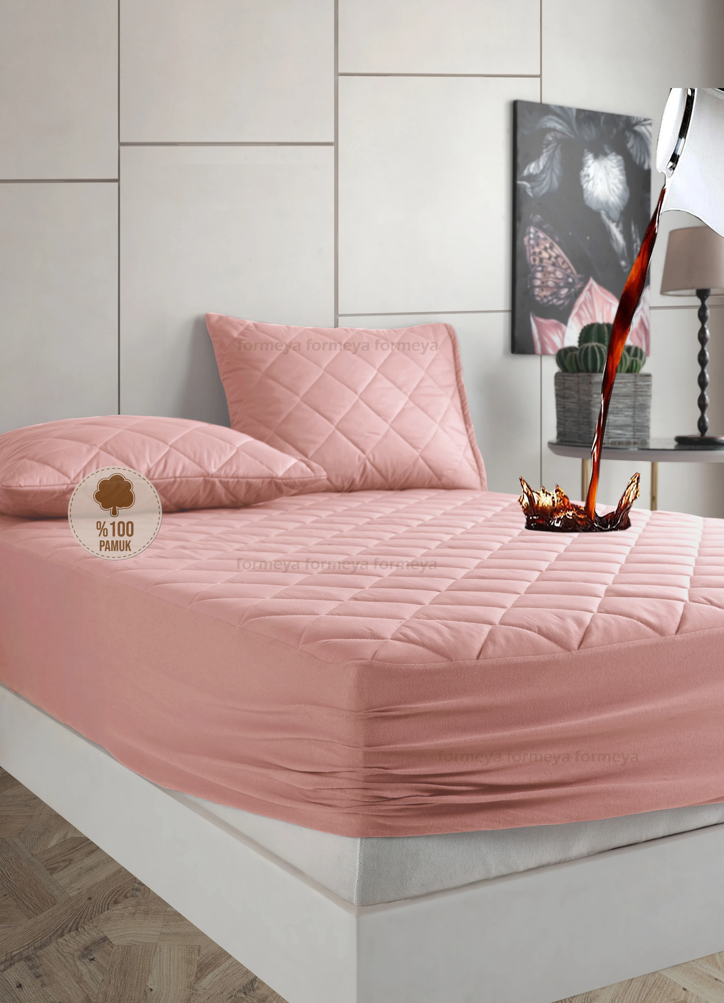 Pamukkale Alez Set Pudra Kapitone Sıvı Geçirmez Yatak Koruyucu-2 Adet Yastık Koruyucu (9 Ebat)