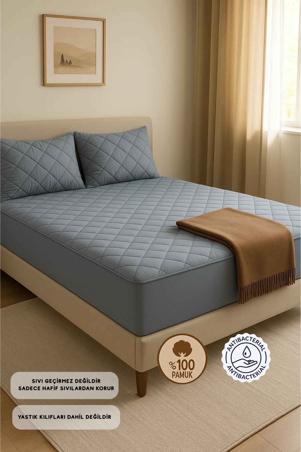 %100 Pamuk Kapitone Fitted Yatak Koruyucu Alez Çarşaf (15 Ebat) - Gri