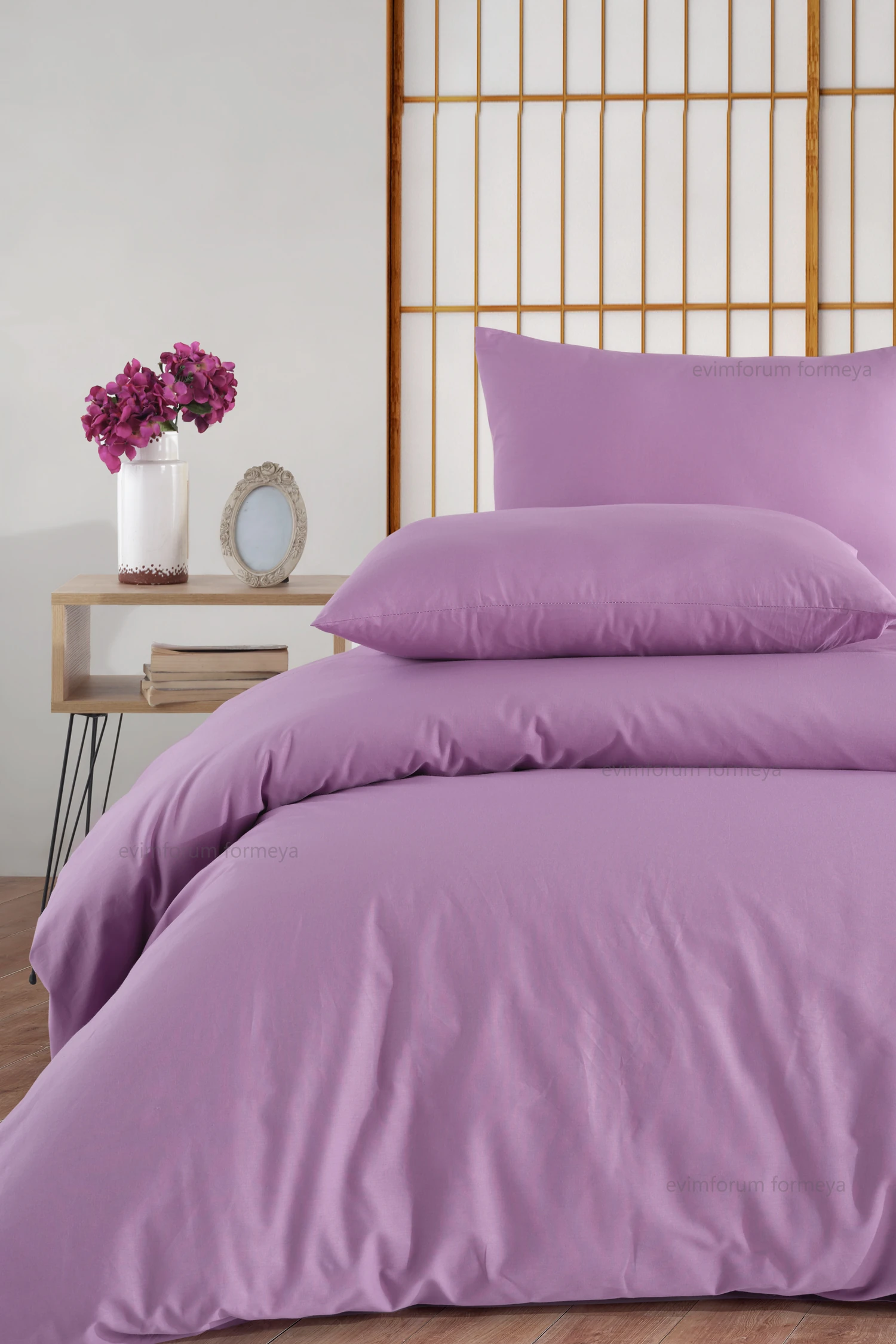 Çift Kişilik %100 Pamuk Lastikli Çarşaflı Nevresim Takımı Lila